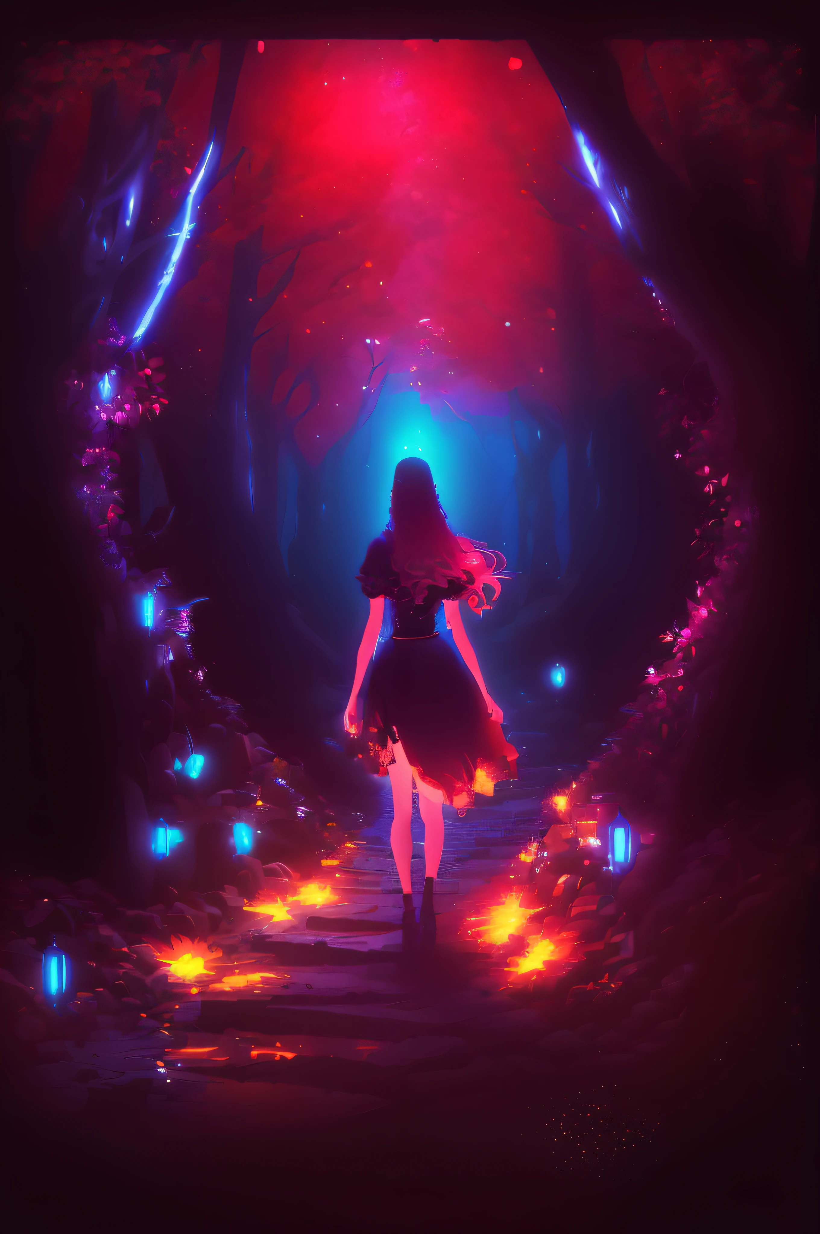 a woman walking down a path in a dark forest with glowing lights, inspired by Cyril Rolando, by Cyril Rolando, in style of cyril rolando, digital 2d fantasy art, alice x. zhang, fantasy art style, beeple and jeremiah ketner, fantasy digital painting, cyril rolando and m.w kaluta