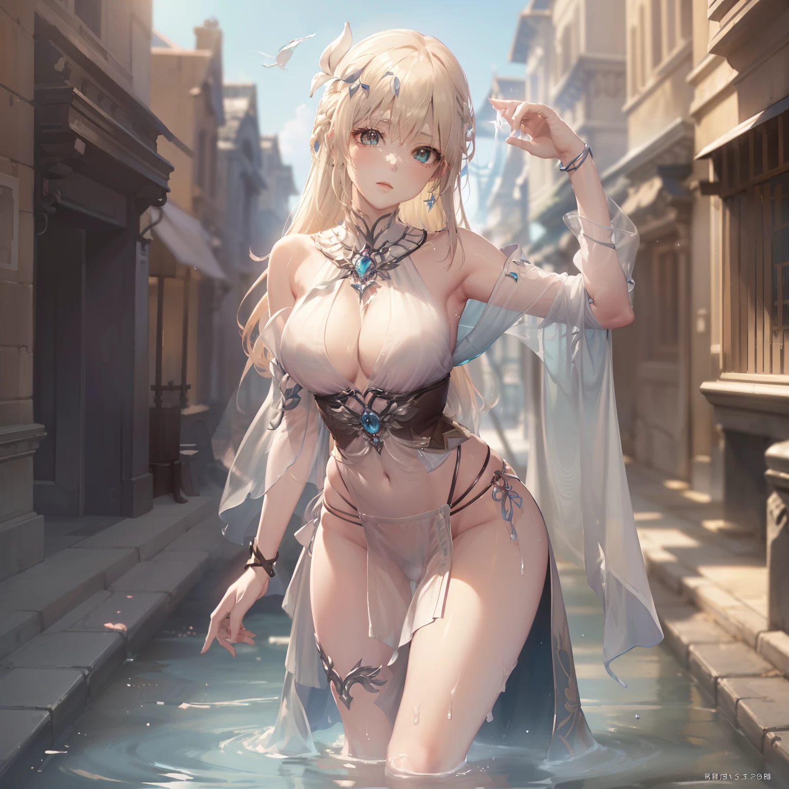 2D illustration, anime-style, (((1 person, close-up of a person, looking up at a person from below)), (cute pose))), looking at the camera, Nineveh, hair ornament, slender body, (almost naked))), (Ancient Greek robe of colorless transparent fabric with minimal cloth area)))), (( Mostly exposed bust that is fully see-through)), ((fully see-through exposed hairless crotch meat mounds, crisp closed crotch crotch streaks)), (((colorless transparent fabric bra with minimal cloth area)), ((colorless transparent fabric panties with minimal cloth area)), wet body, wet clothing, collars, bangles, anklets, sandals, equipped with a large magic wand, Magical representation of flashy light, floating hem, main street of ancient city, light on the surface of the water