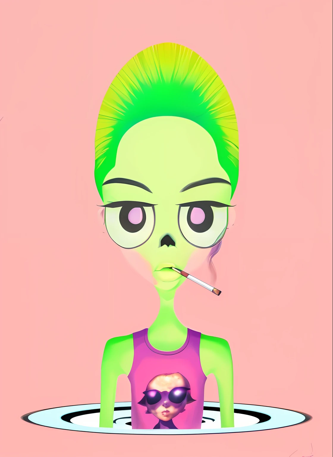 desenho animado de uma mulher com cabelo verde e um cigarro na boca, alien girl, Female alien, alien woman, acid pixie, alien like, assemelhando-se a uma mistura de grimes, parece uma mistura de grimes, Silenced neon smoke, alien princess, angry female alien, fumar maconha, Space alien, vaporwave desenho animado, inspirado em Sergio Burzi, matte digital illustration