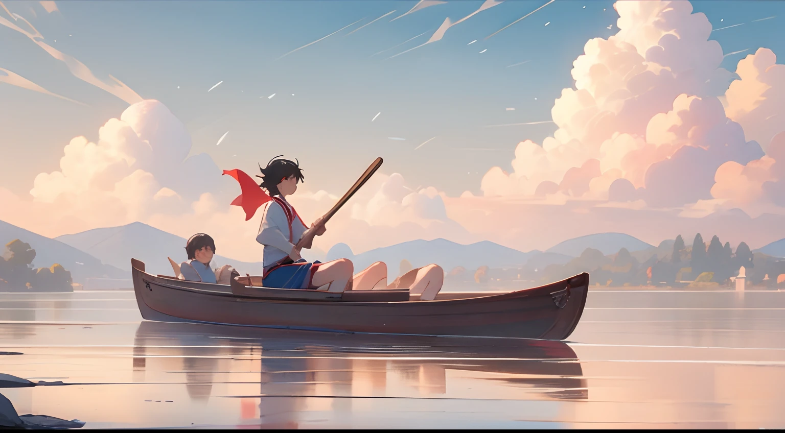 There is a small boat on the clear lake,There were four Chinese children on top of the canoe,Two girls wearing white shirts,wearing a red scarf,Short dark blue skirt,Two boys in white shirts,Blue shorts,Boys rowing,Girls holding guitars and singing,There are low hills on the shore in the distance,There are white stupas on the mountain,with blue sky and white clouds,Sunny and pleasant