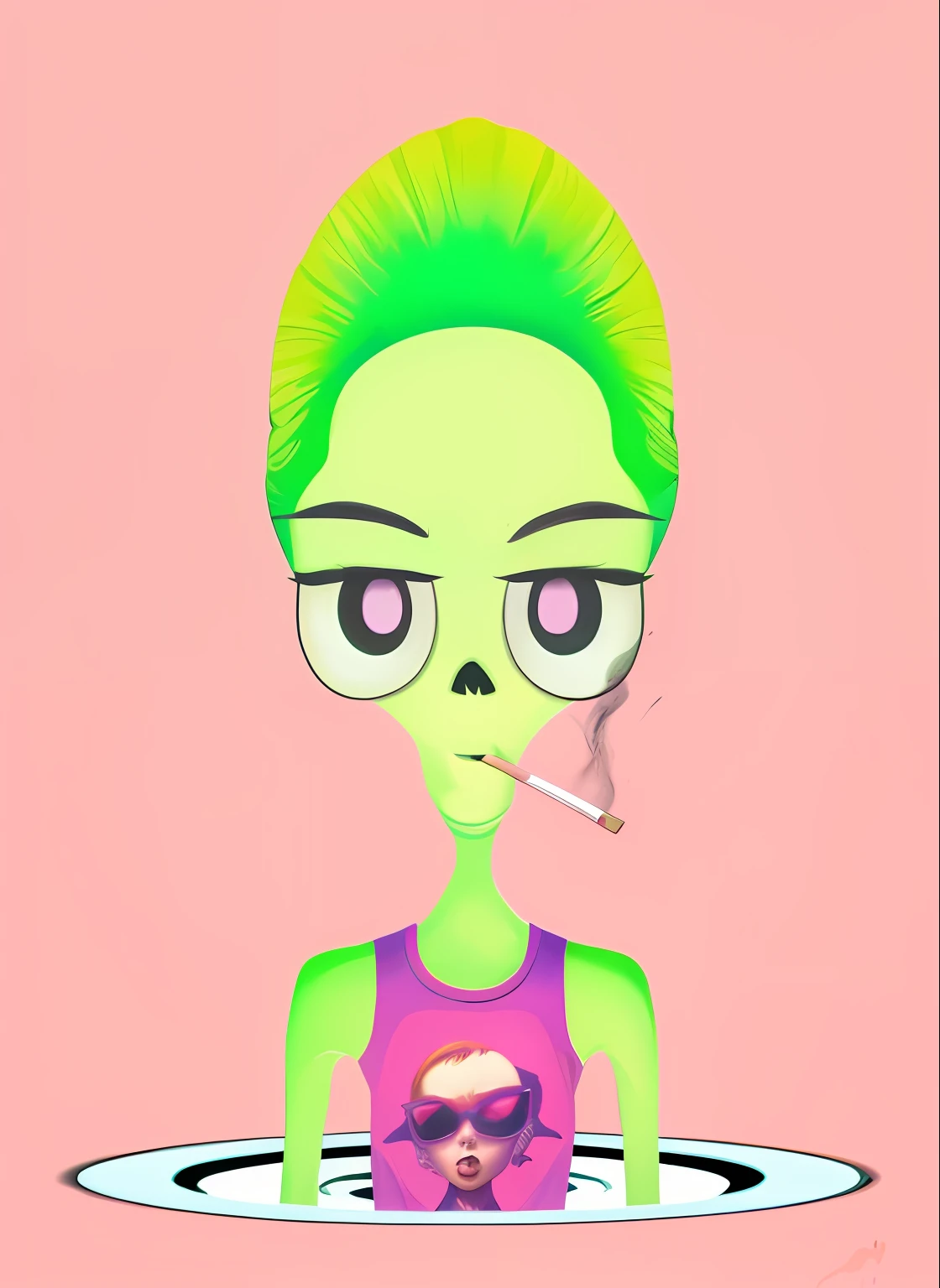desenho animado de uma mulher com cabelo verde e um cigarro na boca, alien girl, Female alien, alien woman, acid pixie, alien like, assemelhando-se a uma mistura de grimes, parece uma mistura de grimes, Silenced neon smoke, alien princess, angry female alien, fumar maconha, Space alien, vaporwave desenho animado, inspirado em Sergio Burzi, matte digital illustration