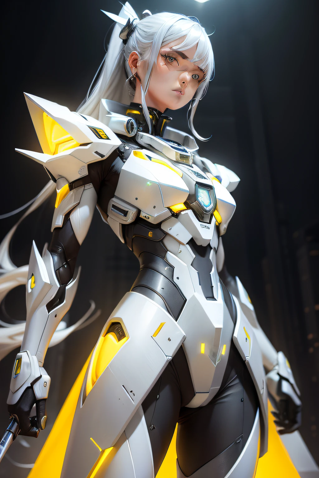 metals,Silvertone,amarelo,White futuristic wind high-generation mech,hyper HD,The whole body looks down on the earth,Holding a quantum knife in his hand