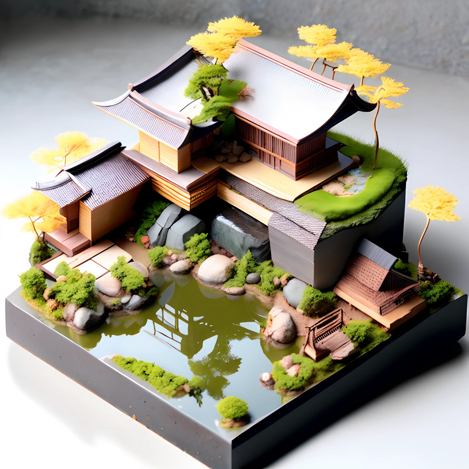 photo, a model of a steampunk japanese style house with a pond