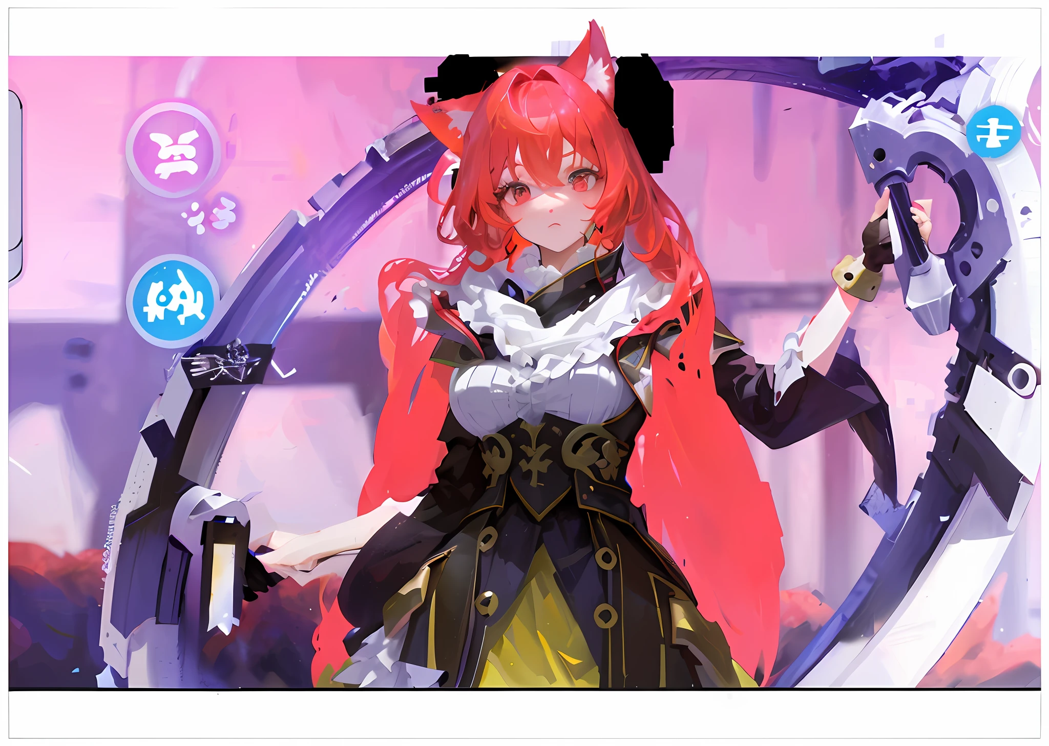 Masterpiece, Best quality, A（（（Long red hair））），red color eyes，Red wolf ears grow on the top of the head，Girl with black hair ornaments on her head