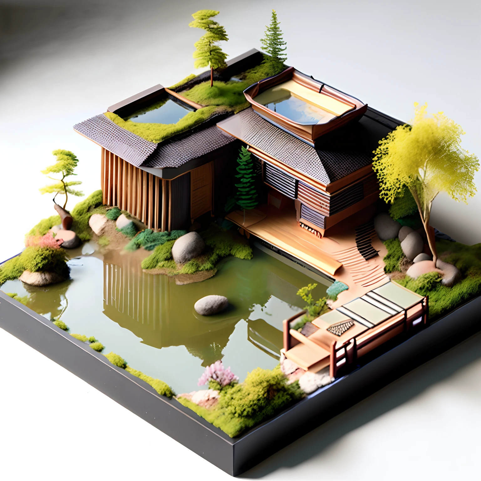 photo, a model of a cyberpunk japanese style house with a pond