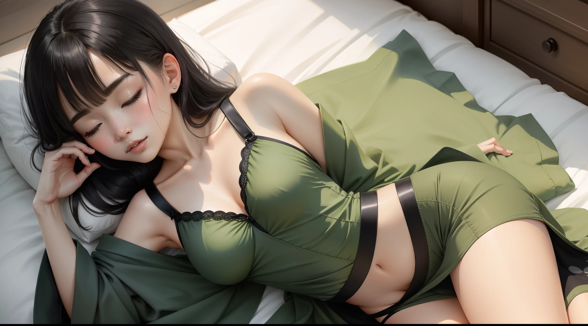 Sleeping girl, 30 years japanese , realistic, she is wearing short panty, she is wearing ocean olive green silky sexzy dress, dark crop black hair.