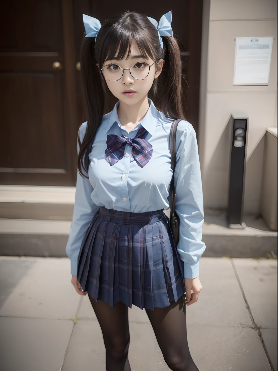 (Long twin tails),(Bra shows through and are visible),(8K、Raw photography、top-quality、masterpiece:1.2),Cats,glamor,Chromo-white skin,cocky,School,watching at viewers,Looking at the front,Muchimuchi,Erotic,Pupils,de pele branca,kne,Student Bag((Black pantyhose)),absurderes,a small face,small tits,flat breast,Parting the bangs from the middle、Forehead visible,(a cold expression,Tight eyes,glares,Bullish,skinny,Rasping,irate)、masterpiece,top-quality、超A high resolution,Raw photo,ren,Beautiful fece,One Person, 独奏,eye glass,,Dark look,Small breasts,fullllbody,Round glasses,JK school uniform,hi-school girl,A Japanese Lady,is standing,(Photorealsitic:1.37)、Photon mapping,Realistic、Beautie,Cute little face,Brown-eyed、Black socks、(Red bow tie)、Radio City、Physically Based Rendering、depth of fields、Blurry background、a picture,Body,beauty legs, Long legs, Thin leg,(Bangs are visible), hair, s lips, Blue_The eye, nosesoft,(Light blue shirt), (Navy and blue and white plaid pleated skirt), Knees are visible,Sheer clothing,, Thigh, Black cotton socks,Nogizaka Idol, 女優, Japanese ido