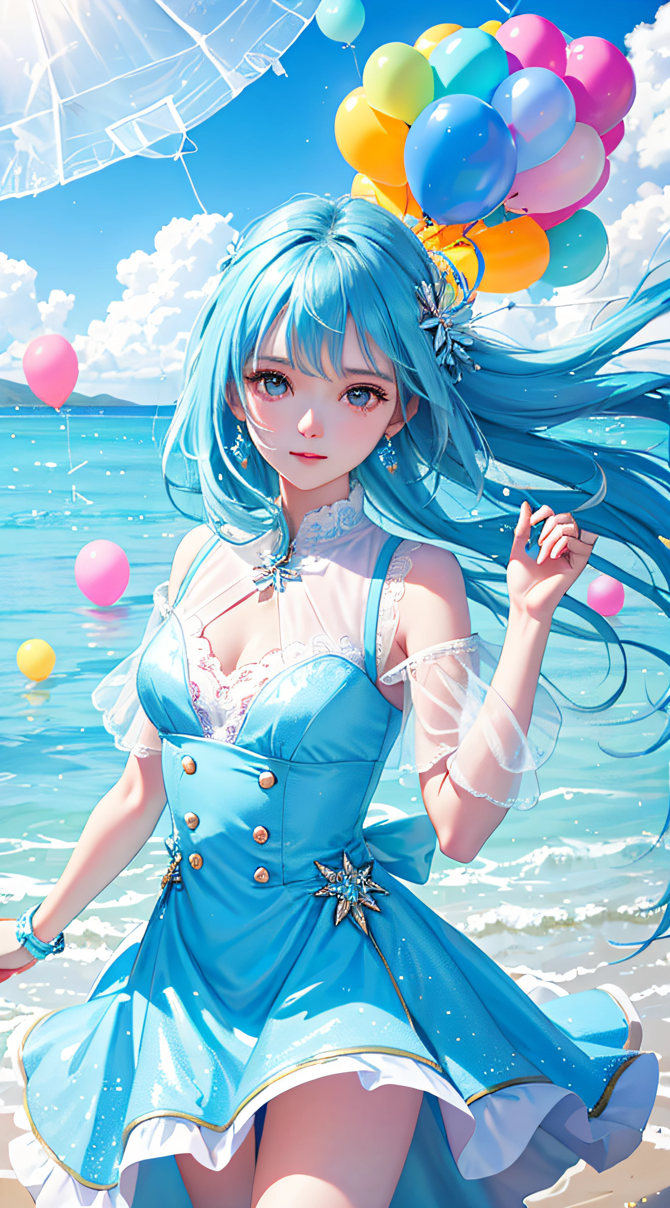There is a poster,Light blue sky background,((Number 8)),Crystal number 8,Transparent number 8,Pass through the streamer of the number 8,Balloon vibe,beauty campaign, bubbly scenery, 8K,Bright style,Delicate,tmasterpiece,photorealestic,High quality detailing,Exceptional detail