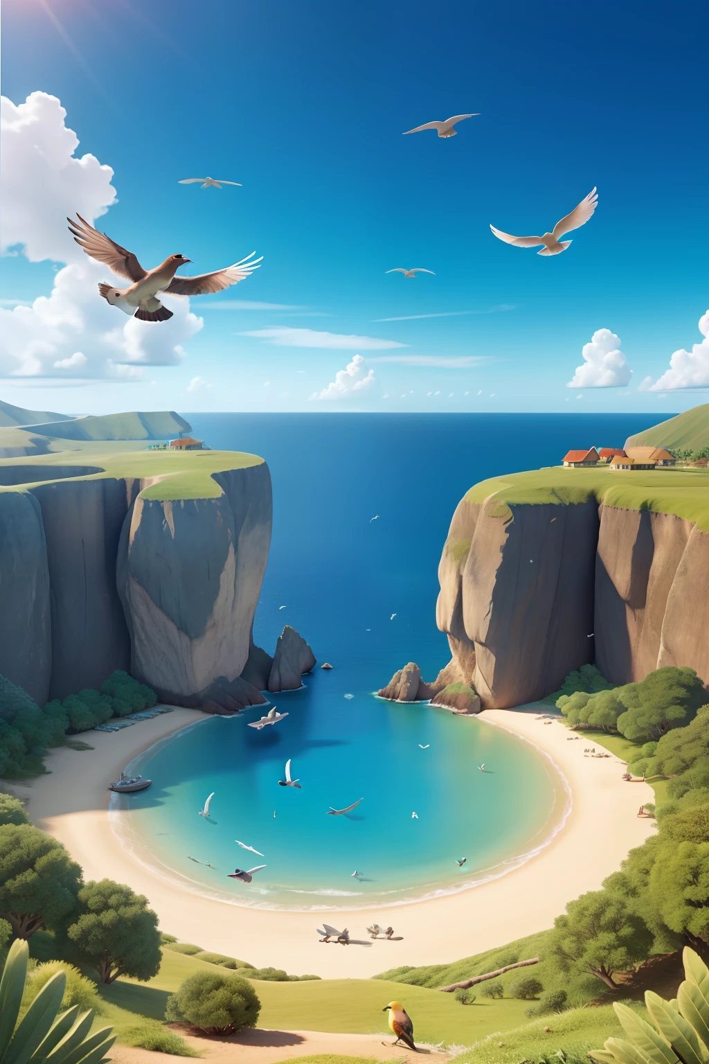 movie poster: a remote island in the background. in the foreground is a group of 5 different kinds of birds that are flying toward the screen