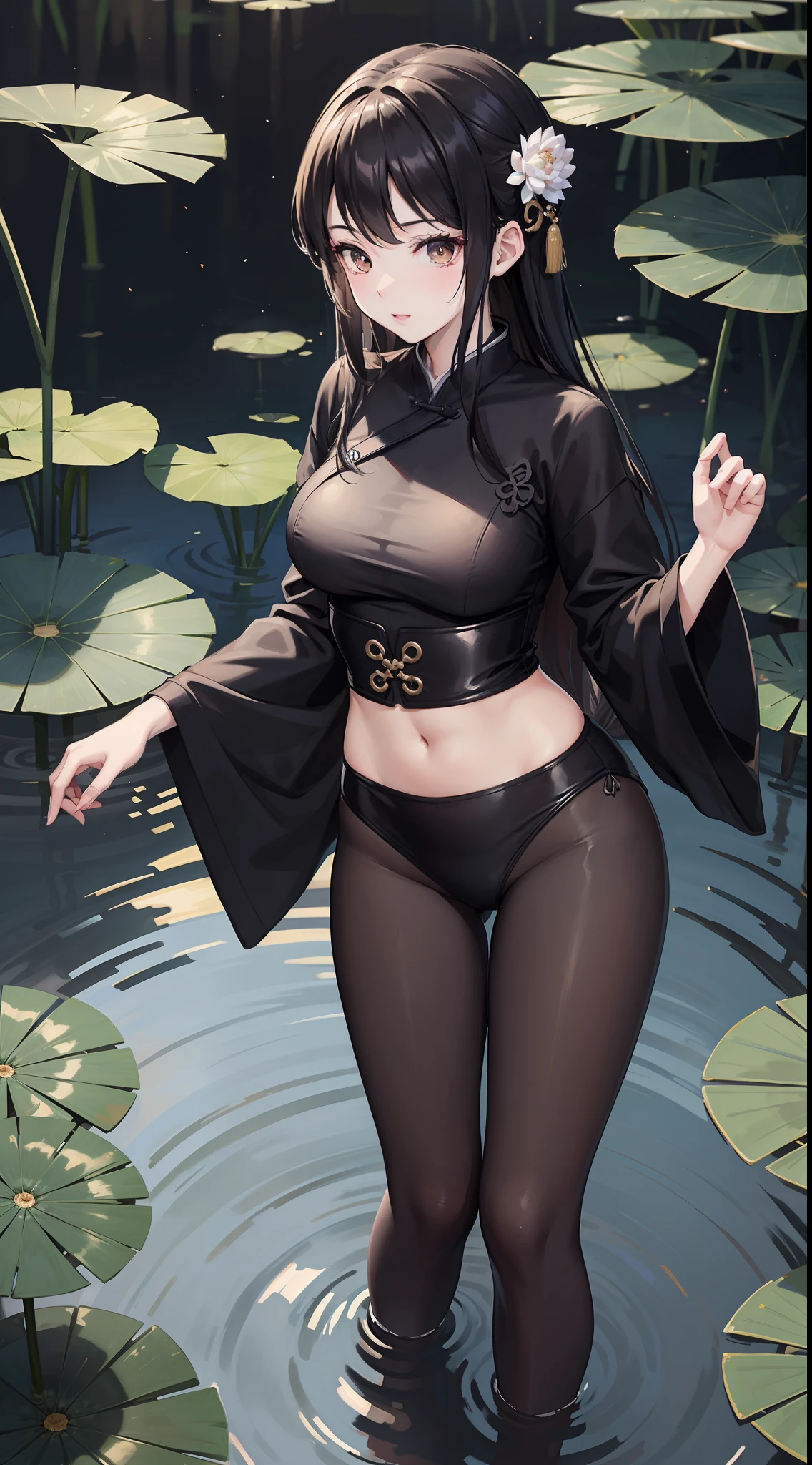 hoang lap,A high resolution,ultra - detailed,photo-realistic(1girll:1.3),handpainted,Simple lines,-yeld giwearing black Chinese Hanfu,beuaty girl,In the lotus pond,tmasterpiece,standing in water,black pantyhoses,black pantyhoses,ssmile,looking toward the viewer,Large round chest,Gestures are natural,Raised sexy