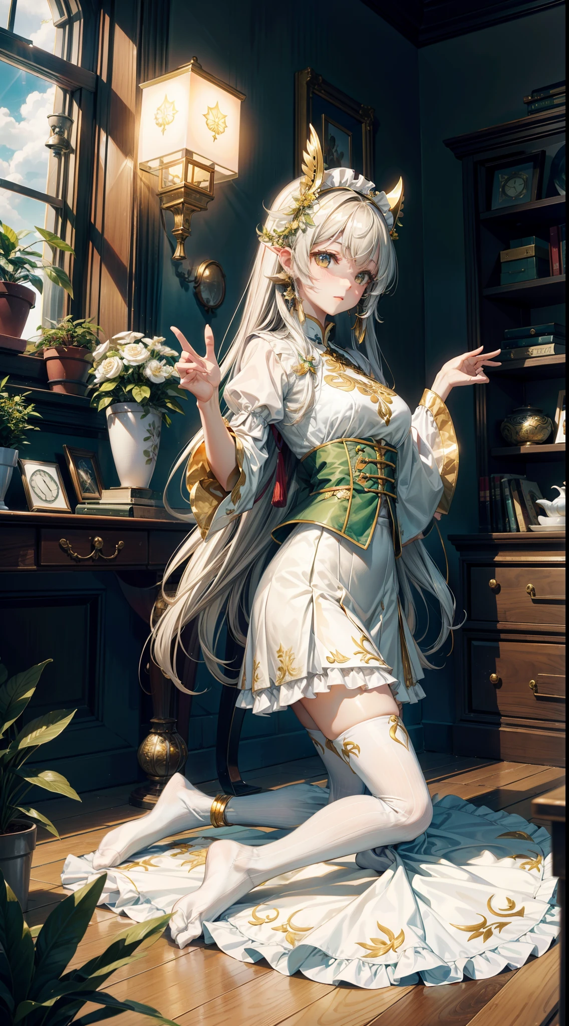 (8K,best qualtiy,tmasterpiece:1.2),(realisticlying,realisticlying:1.2),ultra - detailed,best qualtiy,超高分辨率,profesional lighting,photon maping,physically-based renderingt,the maid outfit,Wallpapers,Ray traching,(janelas:1.8),rays of sunshine:2.0,(There is a gold pattern on the skirt),whaite hair,(White calf socks:1.2)((Kneeling pose))There are potted plants under the window,(White socks transparent texture),beast ear,a white long skirt,There is a little white cat,long hair flowing,There was a lamp by the bed,Big windows,Clothes with green and gold patterns,(golden headdress),(huge tit),Face the camera,Kneeling pose