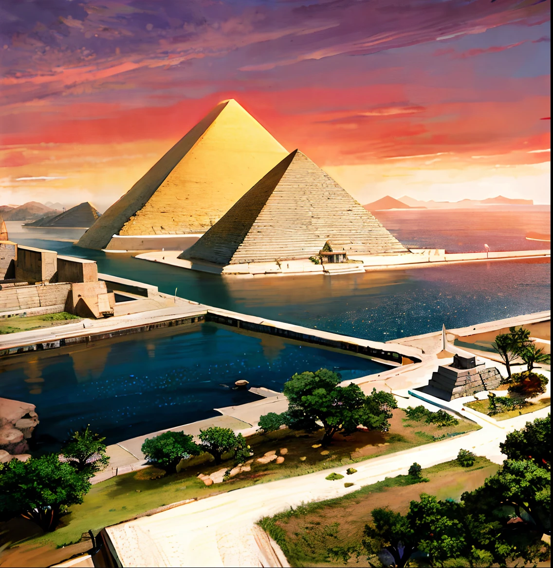 Ancient Egyptian civilization,wide wide shot,Nile River,pyramid,setting sun,The river extends to the horizon,epic sense,Sense of grandeur