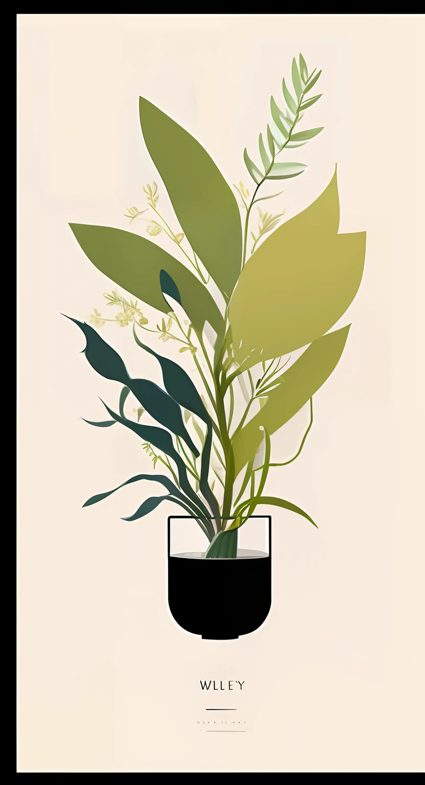 there is a plant that is in a pot on a table, plants in a glass vase, plants in glass vase, botanical poster, minimalist illustration, floral growth, walter white botanical poster, houseplant, poster illustration, detailed plant life, detailed plants, plants in beakers, floral environment, potted plant, green plant, art deco nature, in style of digital illustration