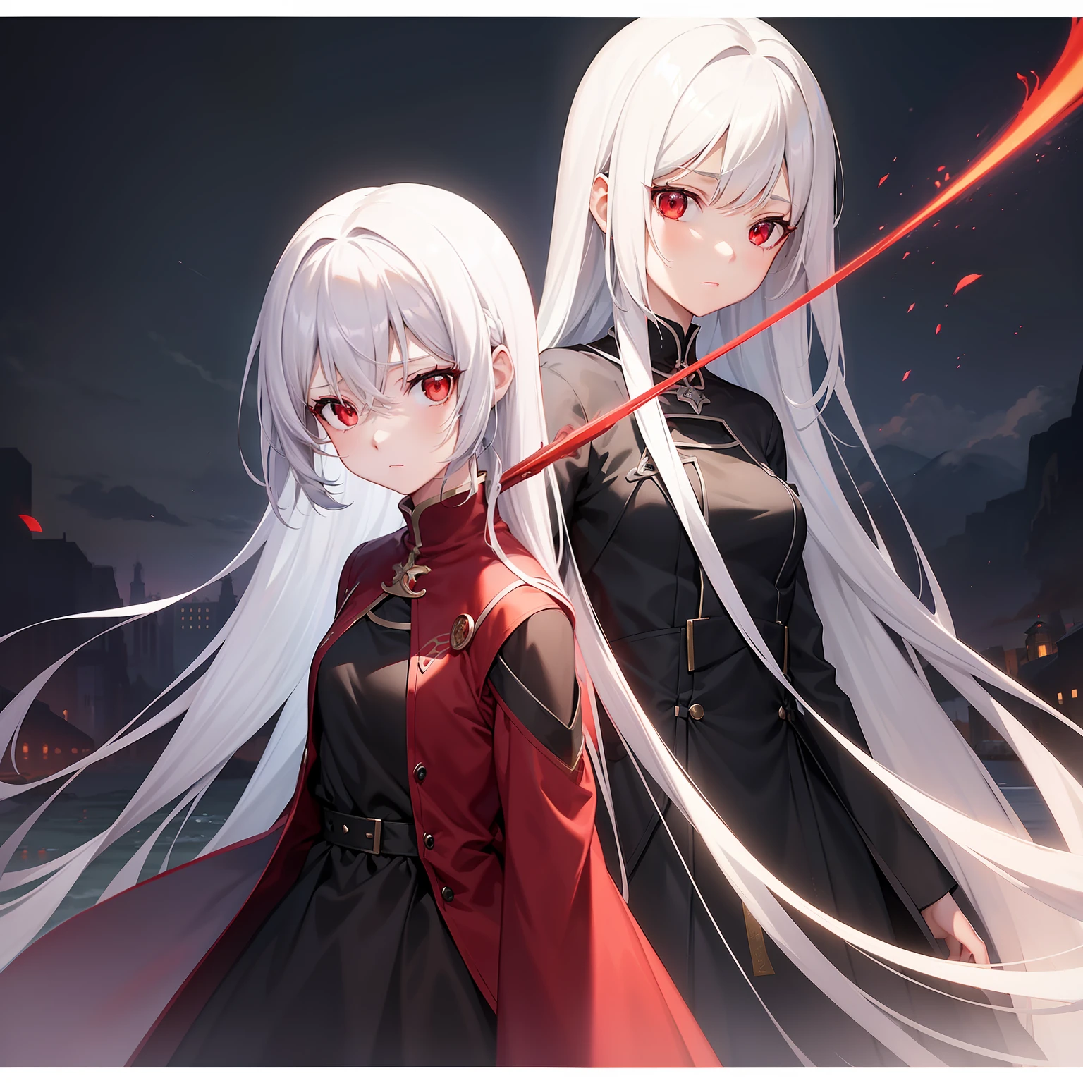 {1girl in, white  hair, red eyes, Straight Long}, , {Dark, Red Moon, optic, brilliance},｛Komono, reddish, A black, blanche｝, {The perfect sword, magic sword, , Magic sword in hand,}concept-art, beautiful anime scene, Beautiful anime scenery, top-quality, ​masterpiece