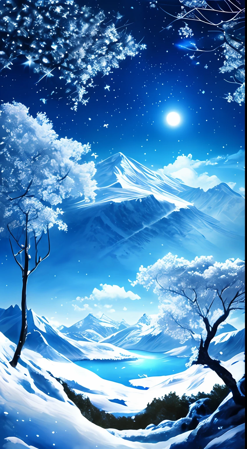 A surrealist one、Otherworldly、Illustration of the super sky scene，Including a huge crystal tree all over the body、Very detailed and magical lighting、Intricate forest details、Vegetation and surrounding rivers、Solar punk、scenecy、giant tree、Beautiful green leaves、Beautiful lighting and realistic proportions，As if it were a movie backdrop，8k，HighestQuali，tmasterpiece，Clouds and stars in the sky。.The top of a high mountain，Covered in snow，Under the sun，The mountains are decorated with snow crystals in a fairytale world covered in silver
