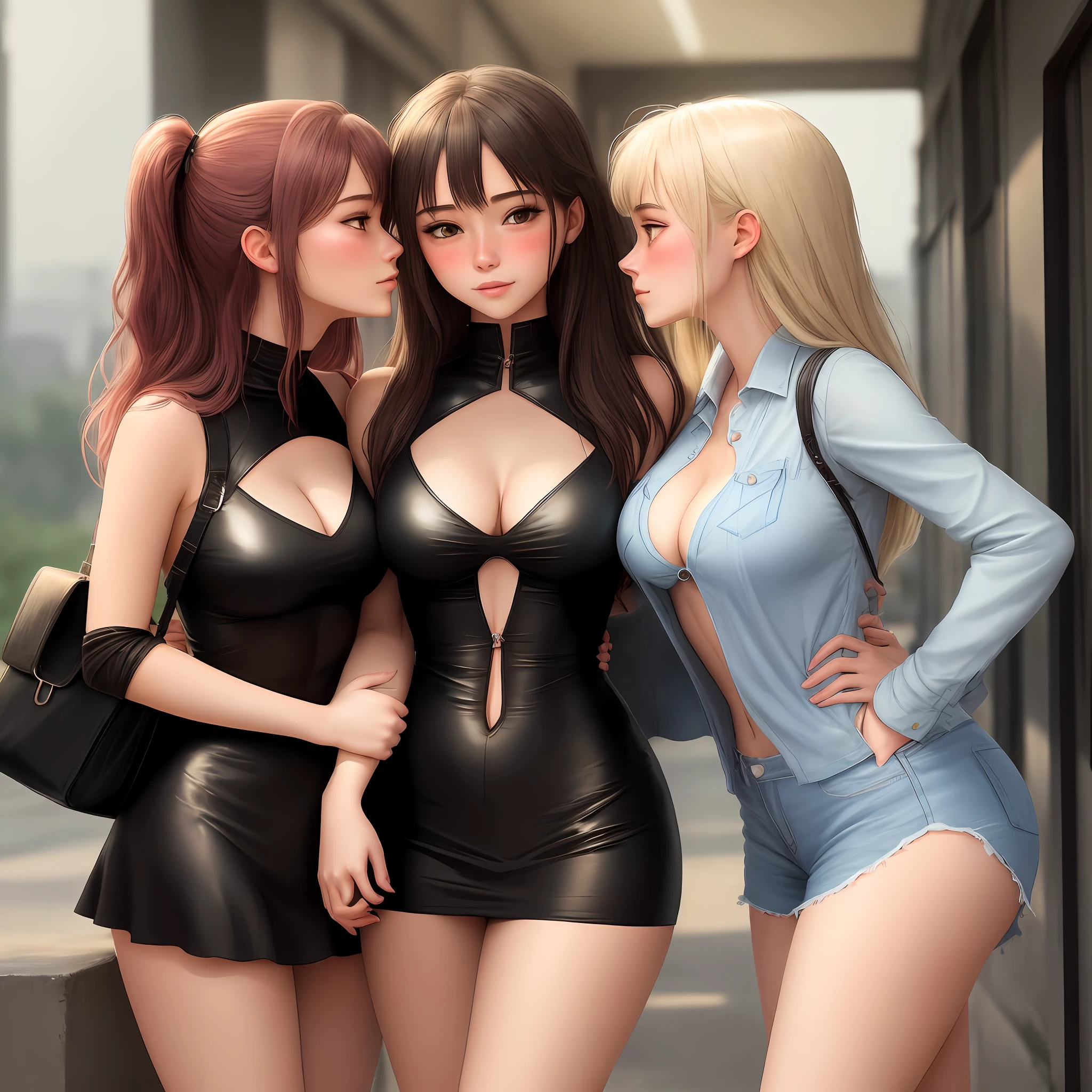 The two girls were clad in revealing clothing,The other girl blushed,kiss,Another girl was resting her hand on each other's buttocks