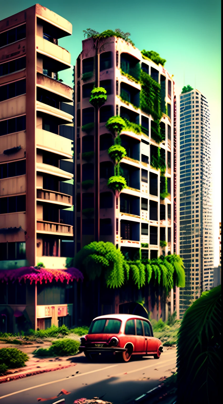 a decayed dilapidated city,It used to be very prosperous,A skyscraper 100 meters high,But now it has also begun to be covered with plants,Several dilapidated cars were parked on the road,It used to be a bustling city