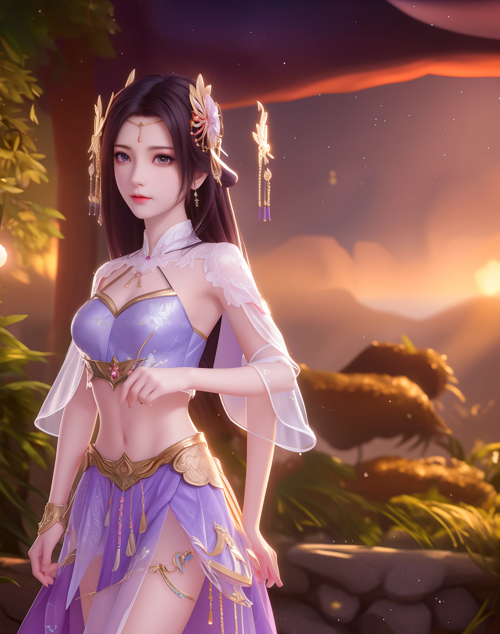 best qualtiy， tmasterpiece， A high resolution，（（（ 1girl）））， battleground background，Pink ancient Chinese transparent bikini， Cloak，Gauze clothes，metalcollar，hair adornments， choker necklace， jewely， beautiful  face， small heads，upon_body， Tyndall effect， realisticlying， edge lit， twotonelighting， （highdetailskin：1.2），tmasterpiece:1.3， 8K  UHD，Fine eyes，二重まぶた， digital SLR camera， gentle illumination， high high quality， Volumetriclighting， Frankness， photore， A high resolution， 4k， 8k， bokeh，purple Bikini，with light glowing，Embroidery on the chest，metal breastplate，tight-fitting，Exposing the abdomen，show legs，Short wrist guards，stocklings，Lace，Beautiful Women with Perfect Figure