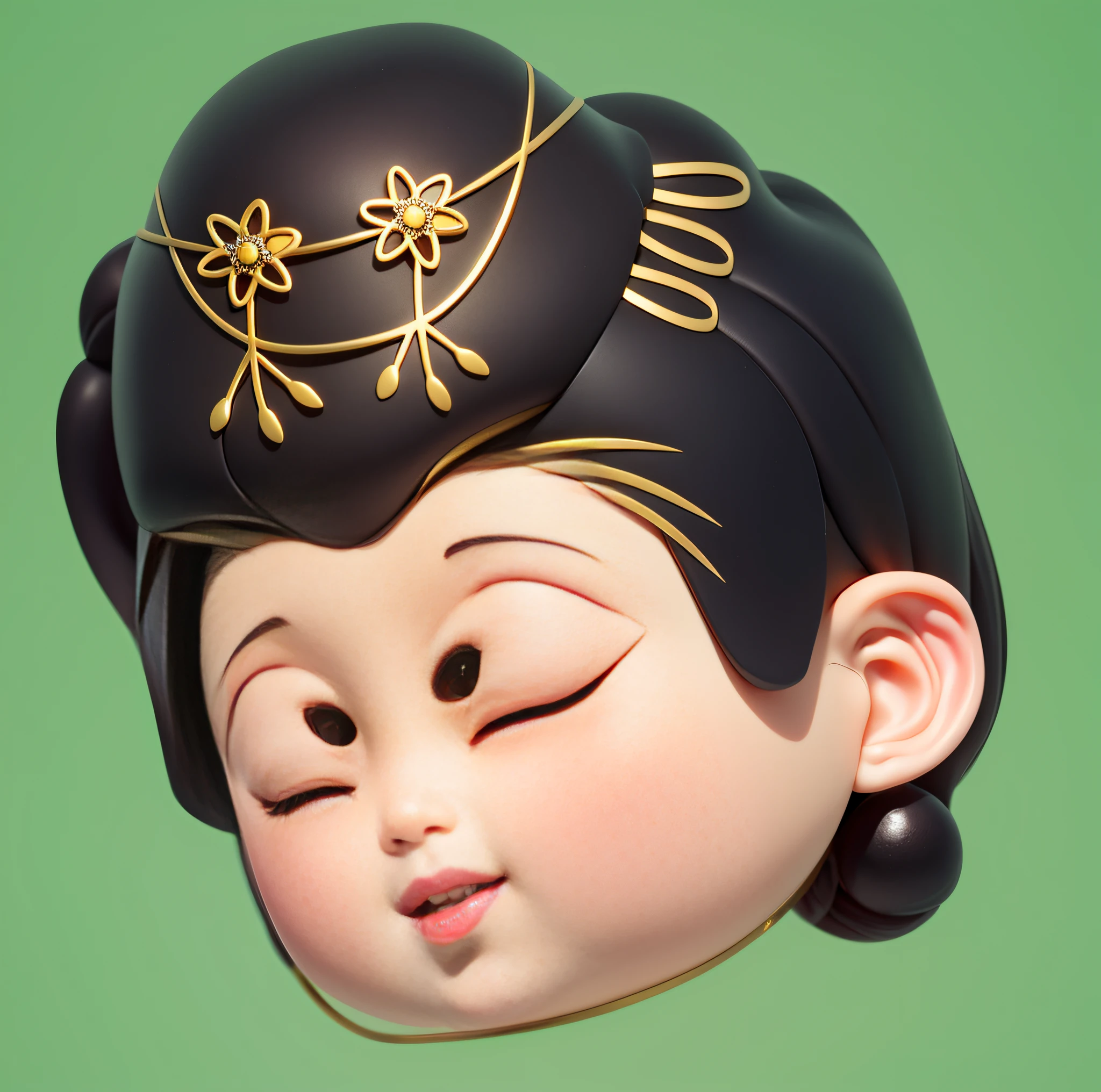 (Masterpiece),(Best quality),(Ultra detailed), Masterpiece, High quality, Best quality, 3Drenderingof, 1girll, Head，Cherry small mouth, Squint and smile, (Black bun:1), （Black color hair:1），white backgrounid, Redlip, ssmile, golden headdress, Tang dynasty lady，the Tang Dynasty，Floral shape headdress，Gold chain，Smooth skin，