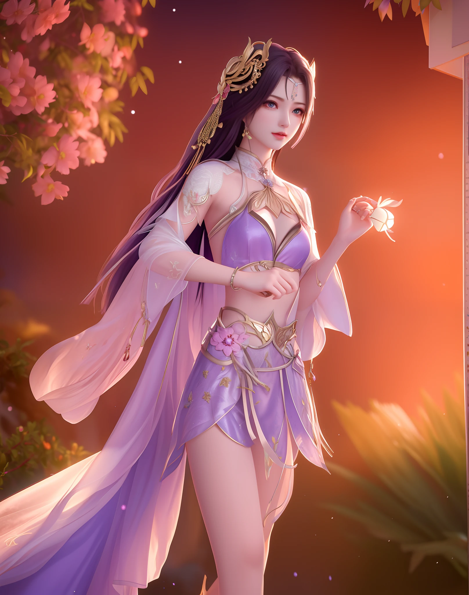 best qualtiy， tmasterpiece， A high resolution，（（（ 1girl）））， battleground background，Pink ancient Chinese transparent bikini， Cloak，Gauze clothes，metalcollar，hair adornments， choker necklace， jewely， beautiful  face， small heads，upon_body， Tyndall effect， realisticlying， edge lit， twotonelighting， （highdetailskin：1.2），tmasterpiece:1.3， 8K  UHD，Fine eyes，二重まぶた， digital SLR camera， gentle illumination， high high quality， Volumetriclighting， Frankness， photore， A high resolution， 4k， 8k， bokeh，purple Bikini，with light glowing，Embroidery on the chest，metal breastplate，tight-fitting，Exposing the abdomen，show legs，Short wrist guards，stocklings，Lace，Beautiful Women with Perfect Figure