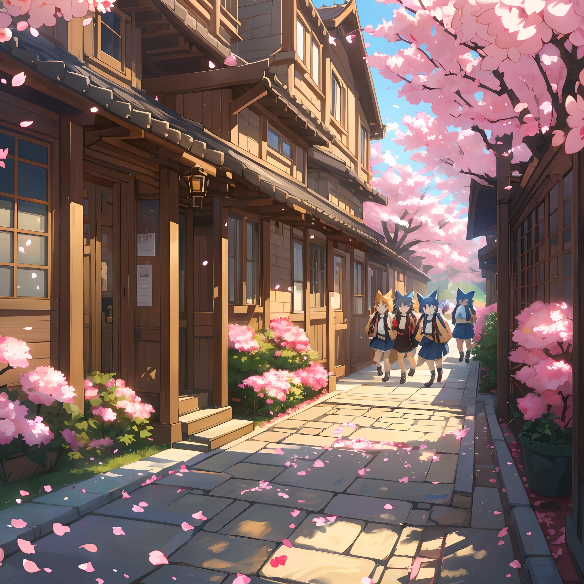 top quality, best quality, High-quality illustrations, masterpiece, super high resolution, detailed background, Cherry blossom petals flutter,  Entrance Ceremony, Children carrying school bags, 6+boys, 6+girls, absurdres(highly detailed beautiful face and eyes)perfect anatomy, expression, (good lighting, cinematic shadow)(kemono, furry anthro)assorted poses, dynamic angle,