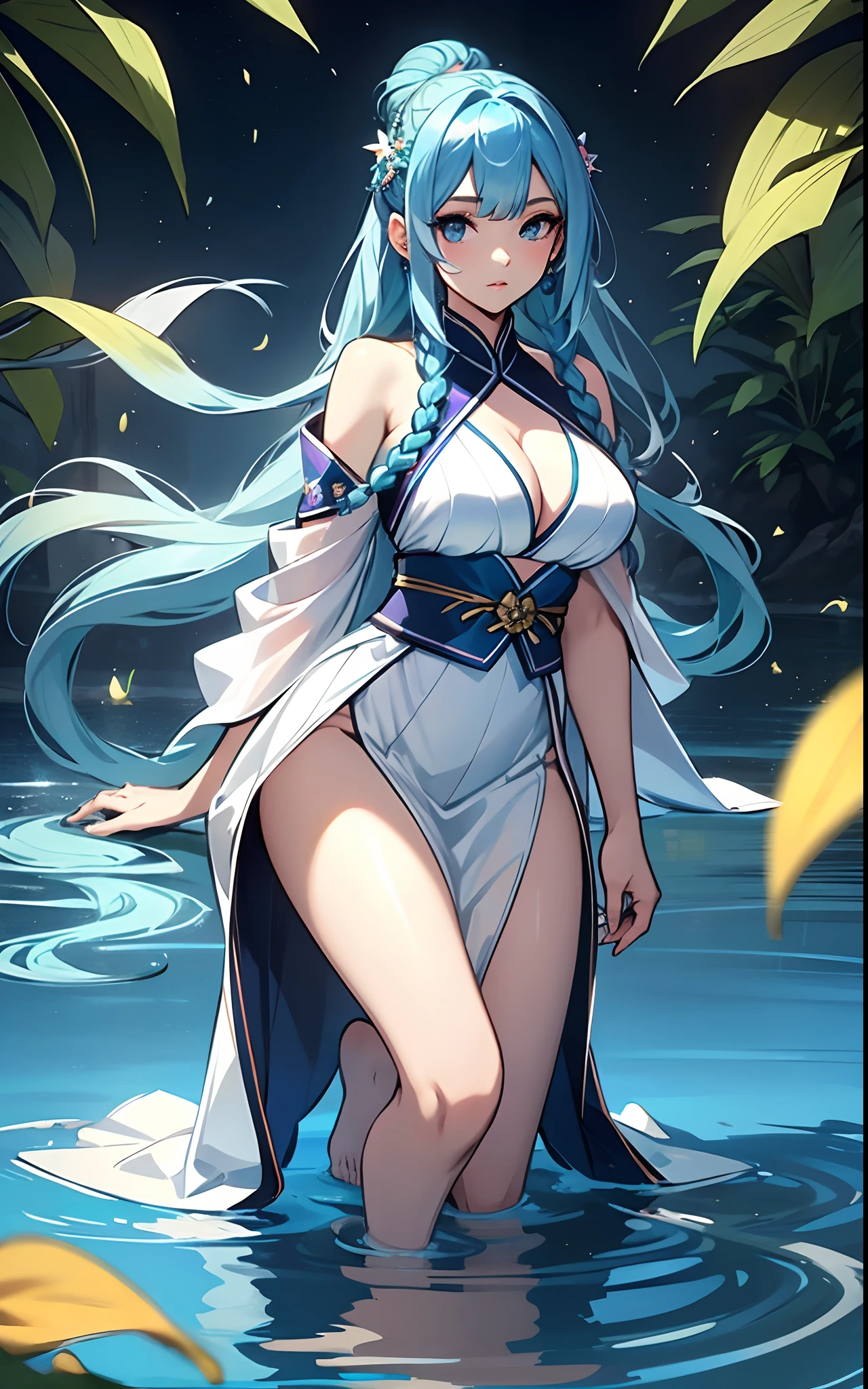 best qualityer,tmasterpiece,Ultimate resolution,downy,Extremely colorful,Colorful,water background,(Lake surface),Dancer,White kimono long dress,huge tit,hair-bun,Fine braids,(Long aqua blue hair),Blue lip gloss,a matural female,(The barefoot),Kneeling pose,daffodil,Normal posture