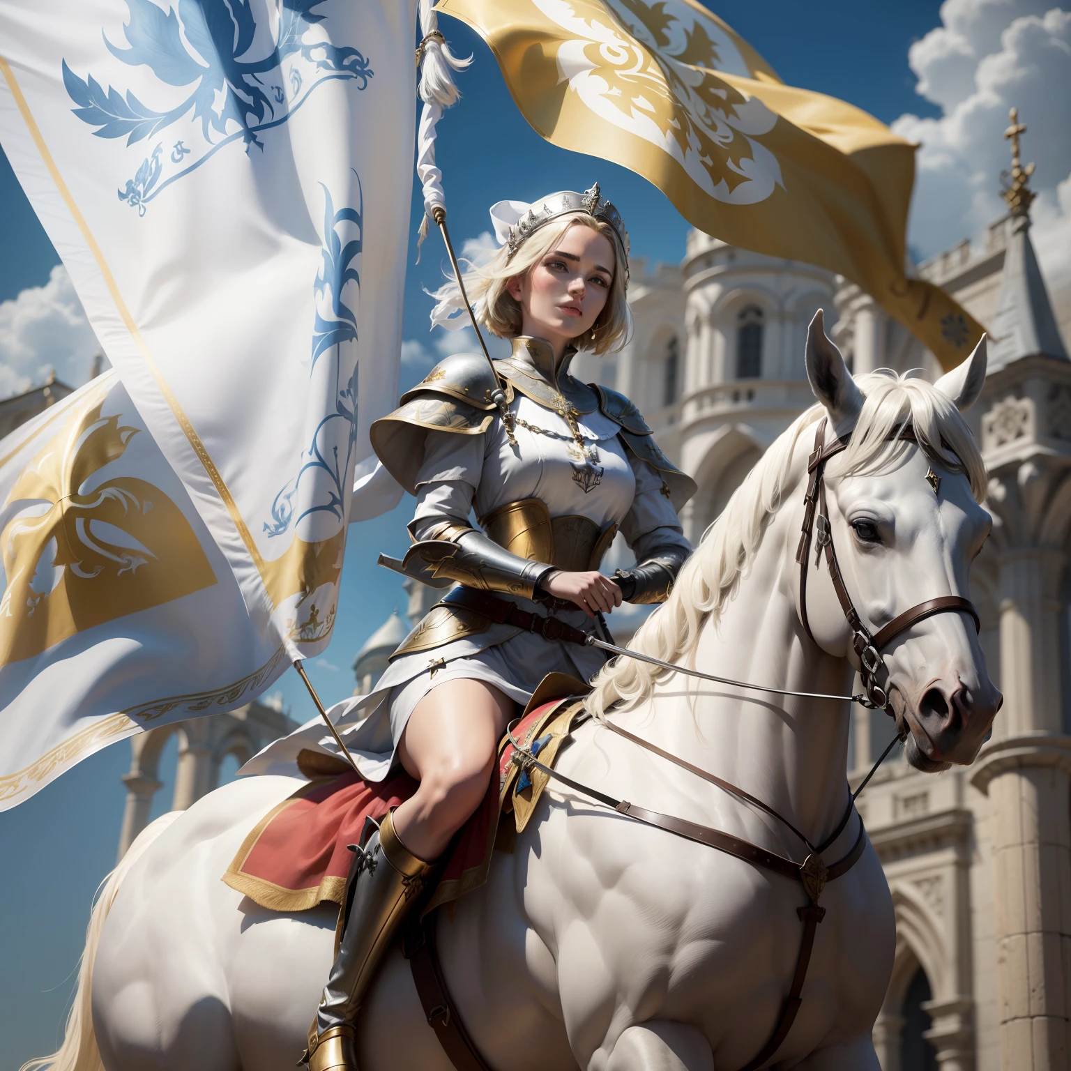 (((Fleur-de-lis))) a dynamic image of Joan of Arch with short (bobbed) hair, wearing white armor with a red cross emblazoned on the chest-plate, riding a Rearing white horse who is standing, holding aloft a branner flag depicting the (((Fleur-de-lis))), lily symbol of royal France, photorealistic, hyper-detail, 24k resolution.