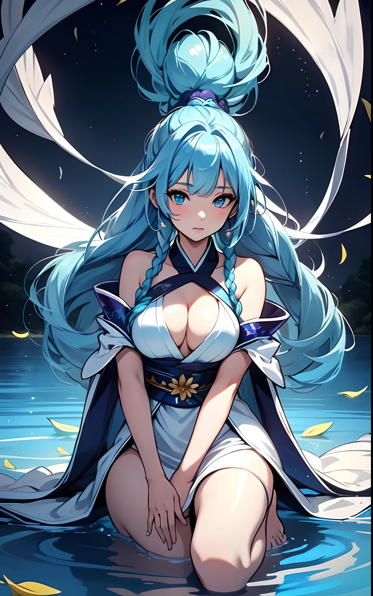 best qualityer,tmasterpiece,Ultimate resolution,downy,Extremely colorful,Colorful,water background,(Lake surface),Dancer,White kimono long dress,huge tit,hair-bun,Fine braids,(Long aqua blue hair),Blue lip gloss,a matural female,(The barefoot),Kneeling pose,daffodil,Normal posture