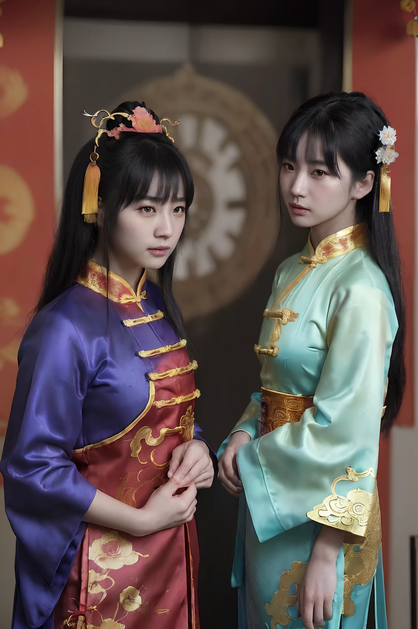 high-level image quality、Like a shot with an SLR、Sensual body,thighs、slit、Painting a work of art depicting two women in a traditional cheongsam sitting together,duo,leering:1.3,Chinese hair ornament:1.4,Chinese hairpins:1.4,Chinese hairsticks:1.4