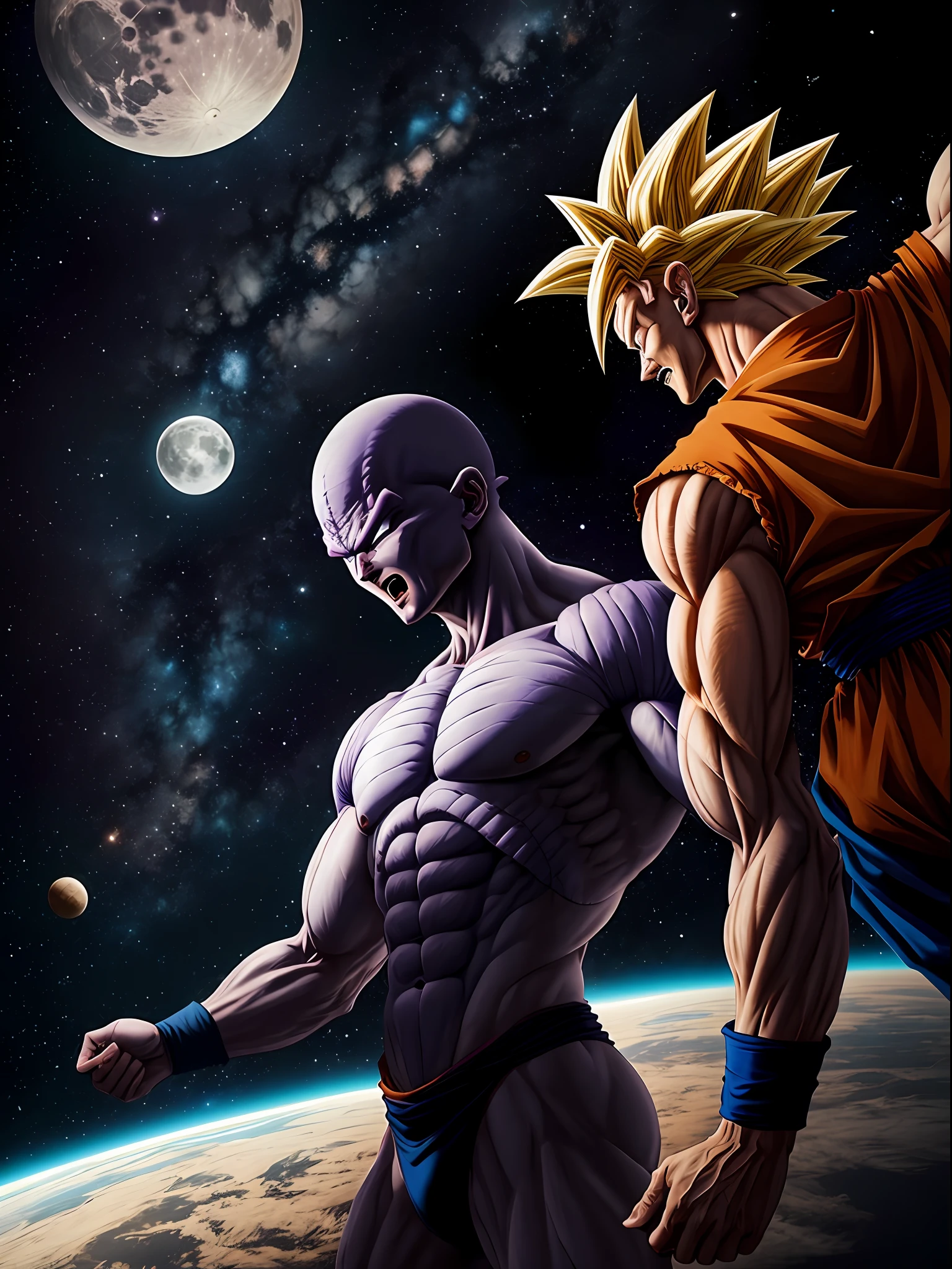 Freeza Realistic floating in space catching goku by the neck, real, reality, 8k, moon and planets background, realistic skin, realistic color, dragon ball , goku, master kame, Saiyan