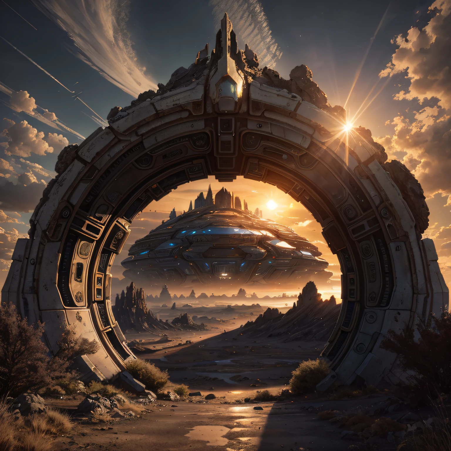 Alien landscape, imagination, (realisticlying), Clear sky, synthetic, Sun sunset, (hdr:1.5), exteriors, intricately details,epic sense，The scene is grand