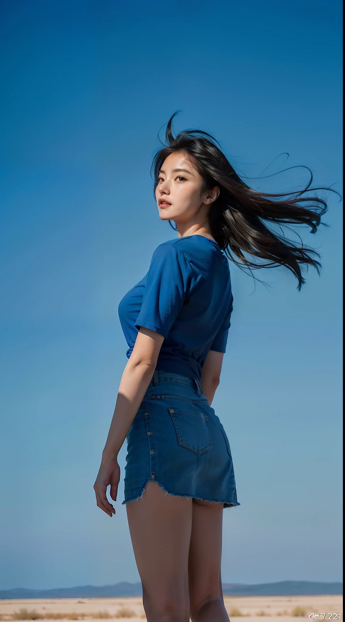 One wears blue short sleeves，Superskirt，huge tit，Beautiful young woman，v neck，Blowing the wind on the steppe，32K，Ultra-clear picture，The sky is clear，looks into camera，Savannah in the background