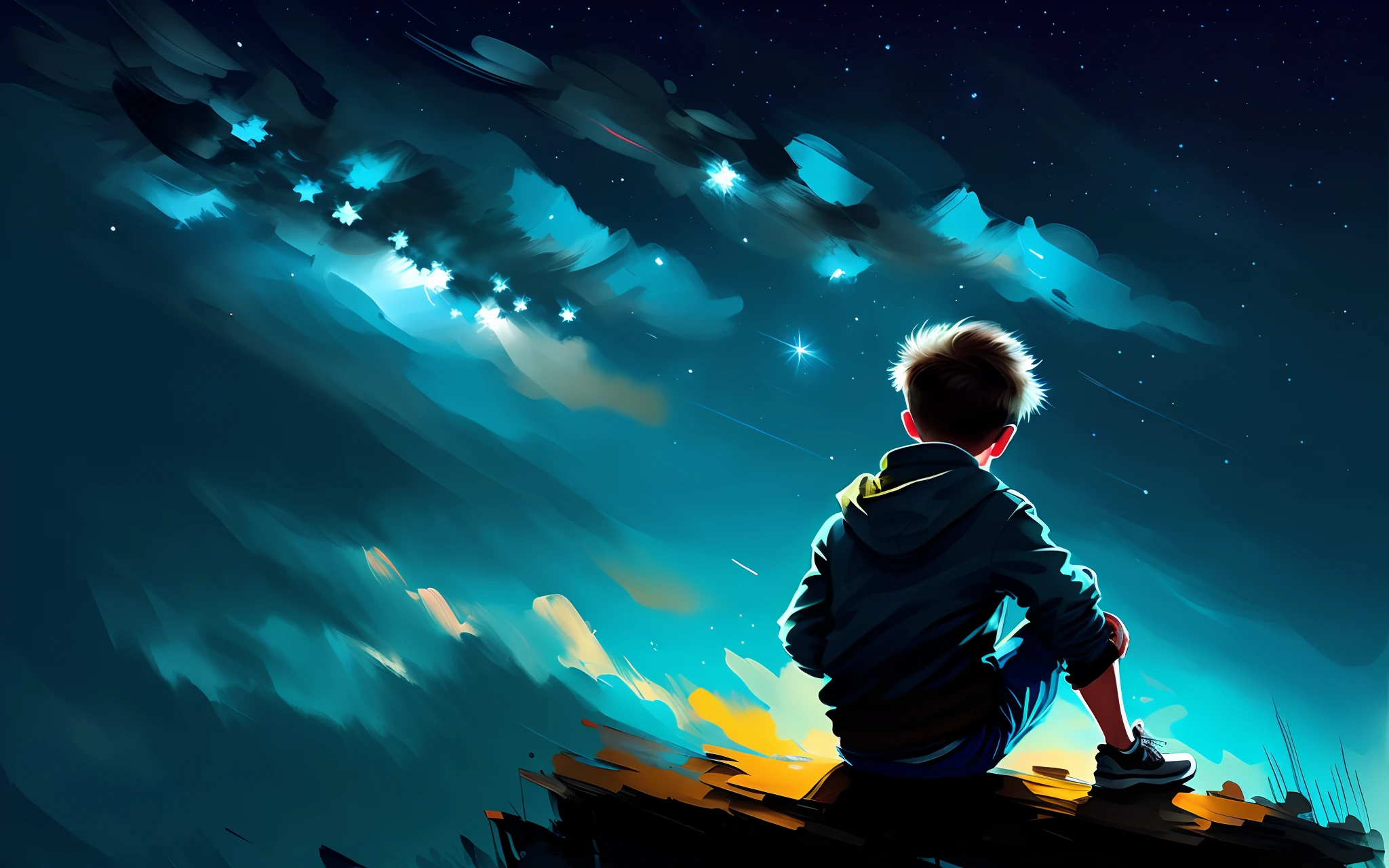 drybrush speed painting of a boy sitting and looking up at a stunning night sky, paint brush strokes+, epic composition, vivid colors, stars