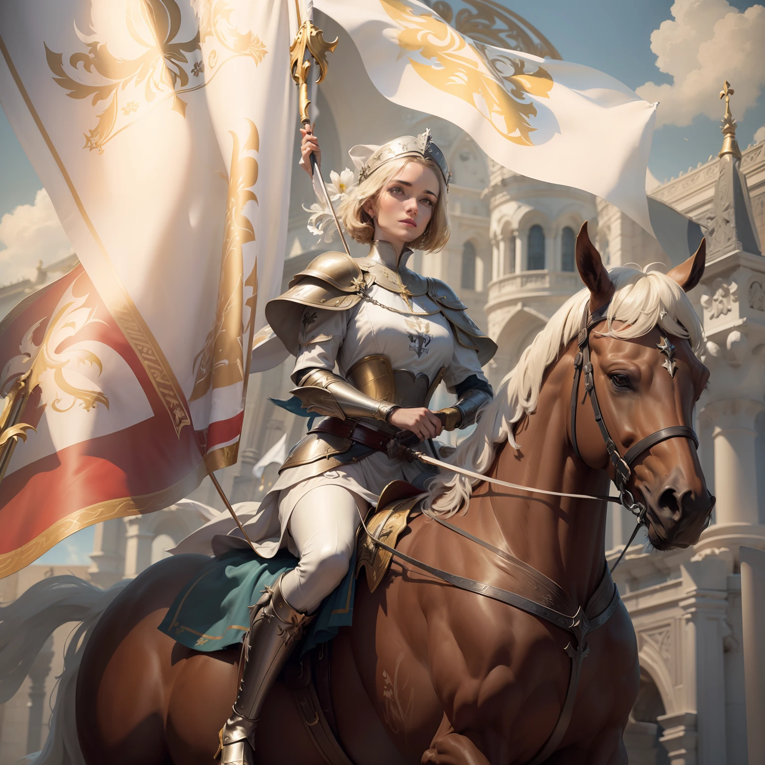 (((Fleur-de-lis))) a dynamic image of Joan of Arch with short (bobbed) hair, wearing white armor with a red cross emblazoned on the chest-plate, riding a Rearing white horse who is standing, holding aloft a branner flag depicting the (((Fleur-de-lis))), lily symbol of royal France, photorealistic, hyper-detail, 24k resolution.