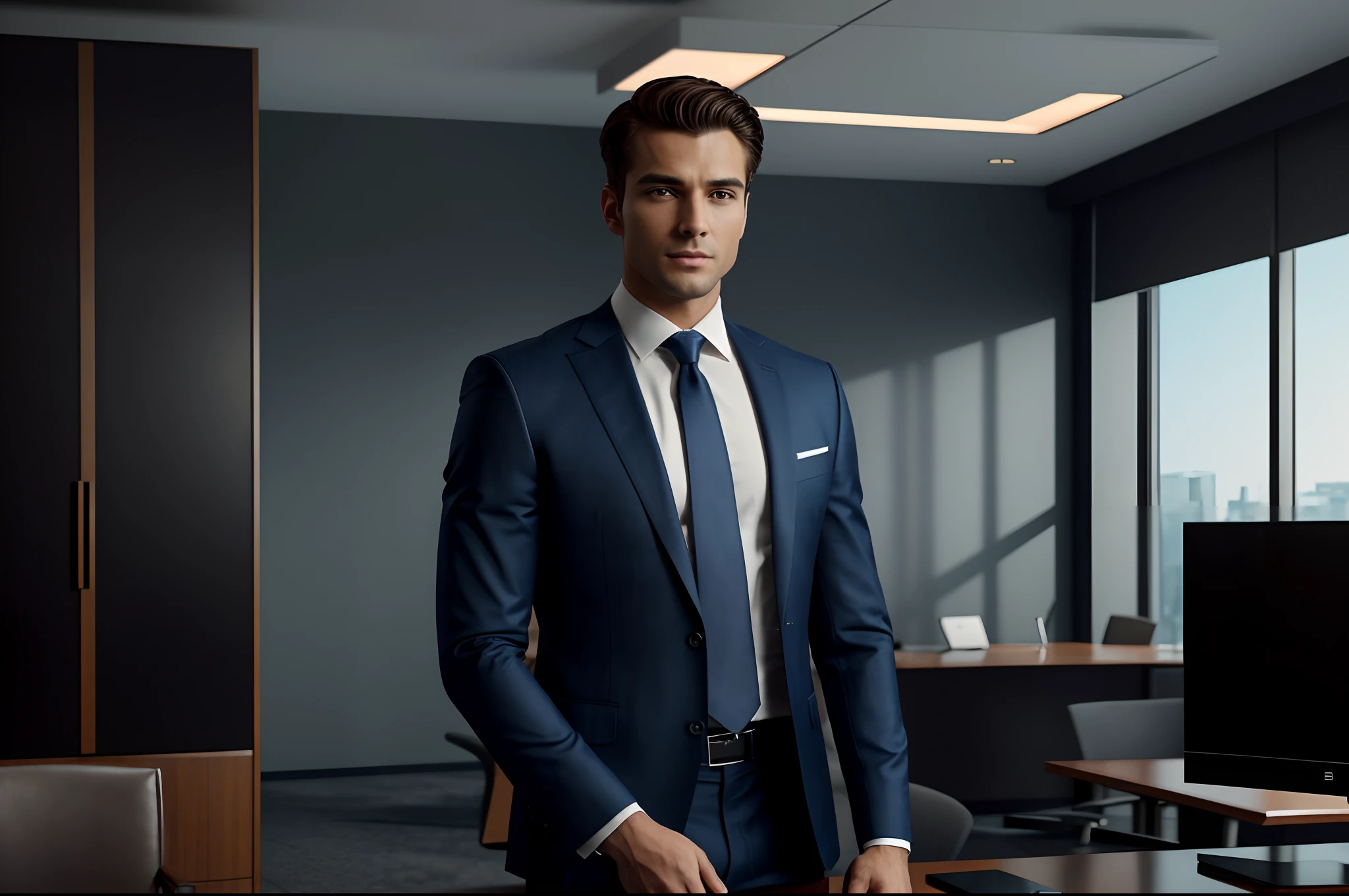 Generate a high-resolution (8k), ultra realism, 4:3 aspect ratio, realistic and photographic image of a handsome young businessman exuding success. The scene should portray him in a luxurious, modern office, elegantly dressed in a sharp suit. The ambiance should capture the essence of success and sophistication