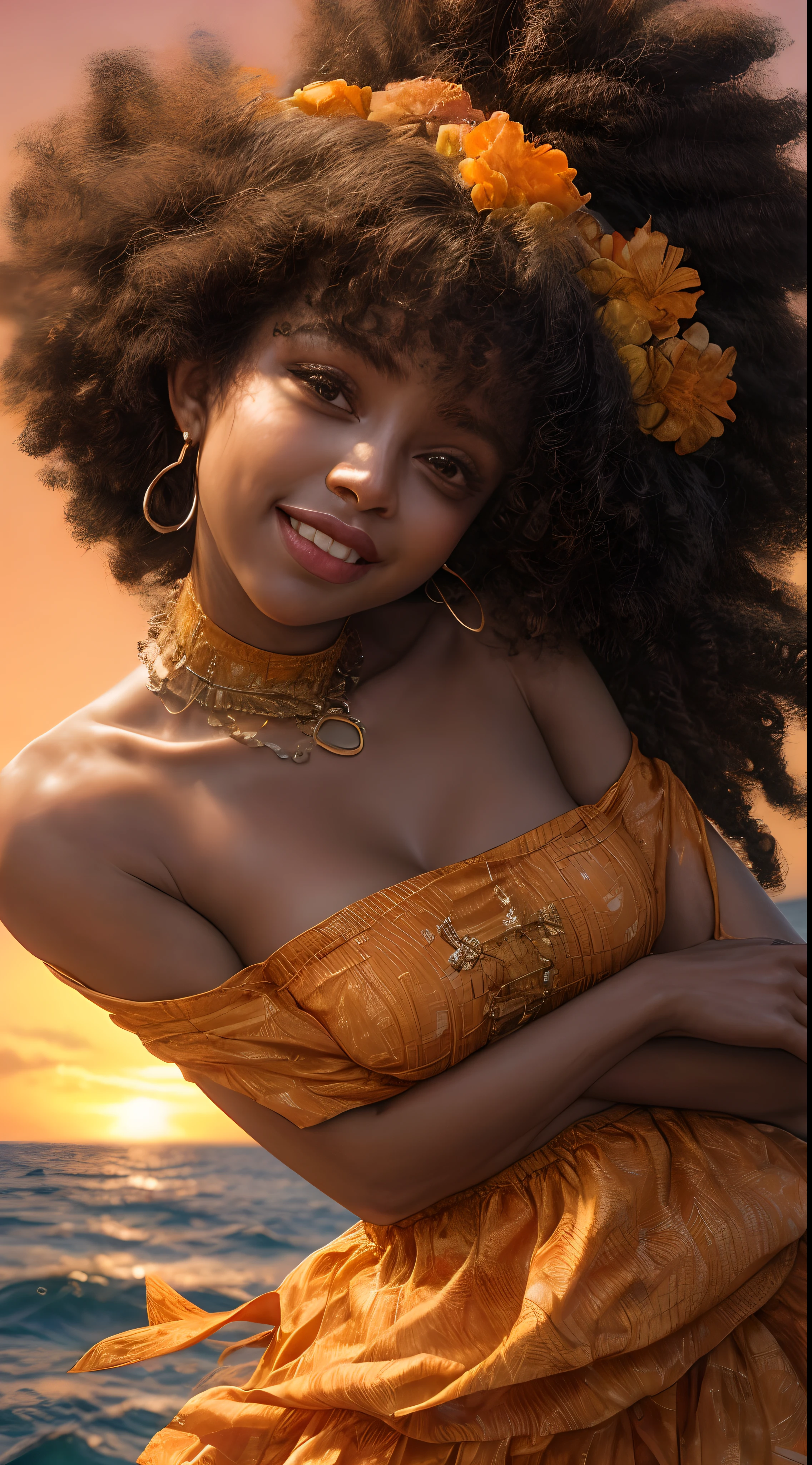 Um close-up do rosto de uma mulher afro-americana, banhado em tons quentes de laranja, as if illuminated by the soft glow of a sunset, seus olhos brilhando de alegria e contentamento, framed by flowing strands of hair, fotografia, fotografada com uma lente de 35mm