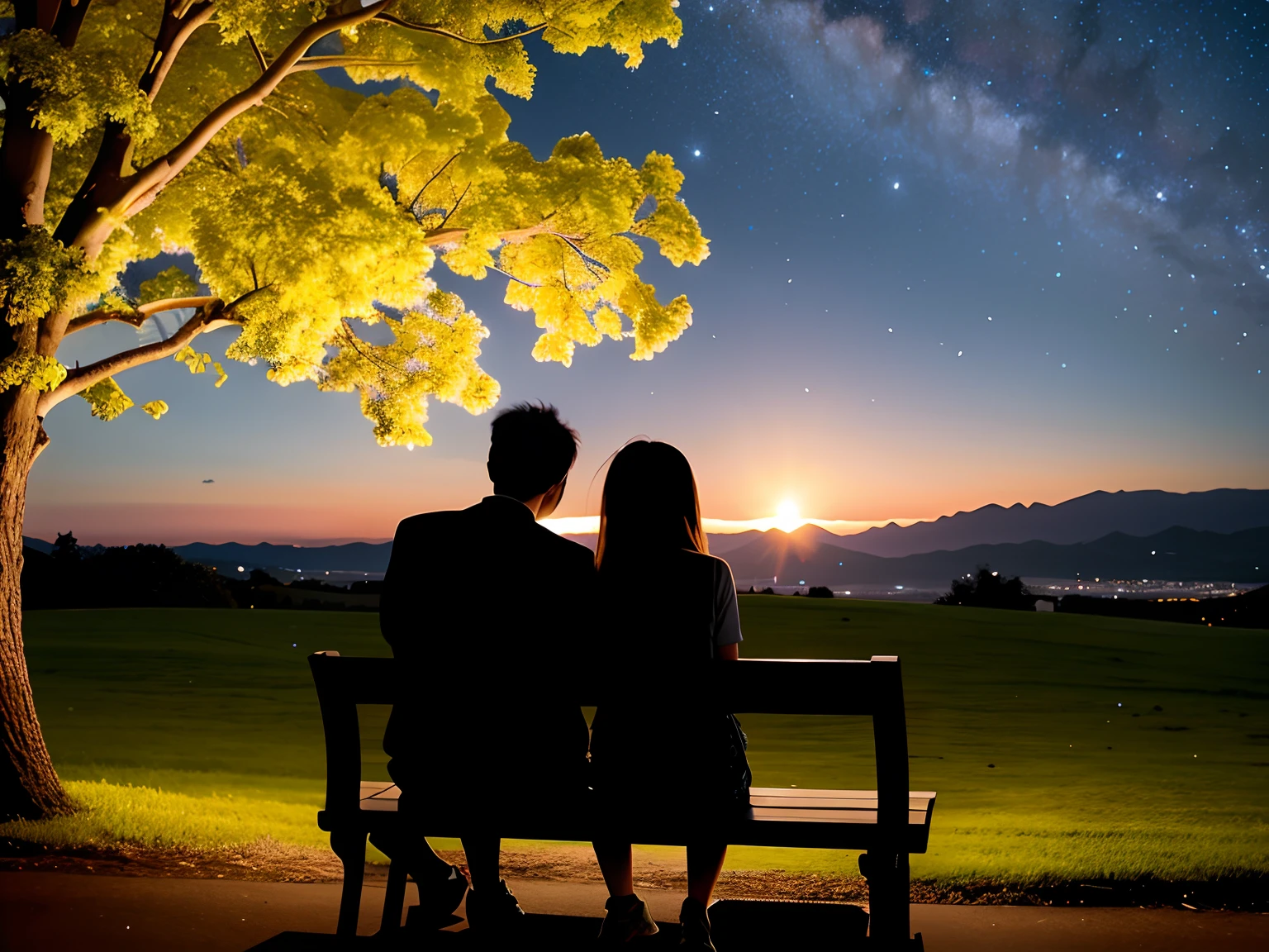 Two people sit on benches and watch the starry sky,   Look at the stars, Late afternoon,