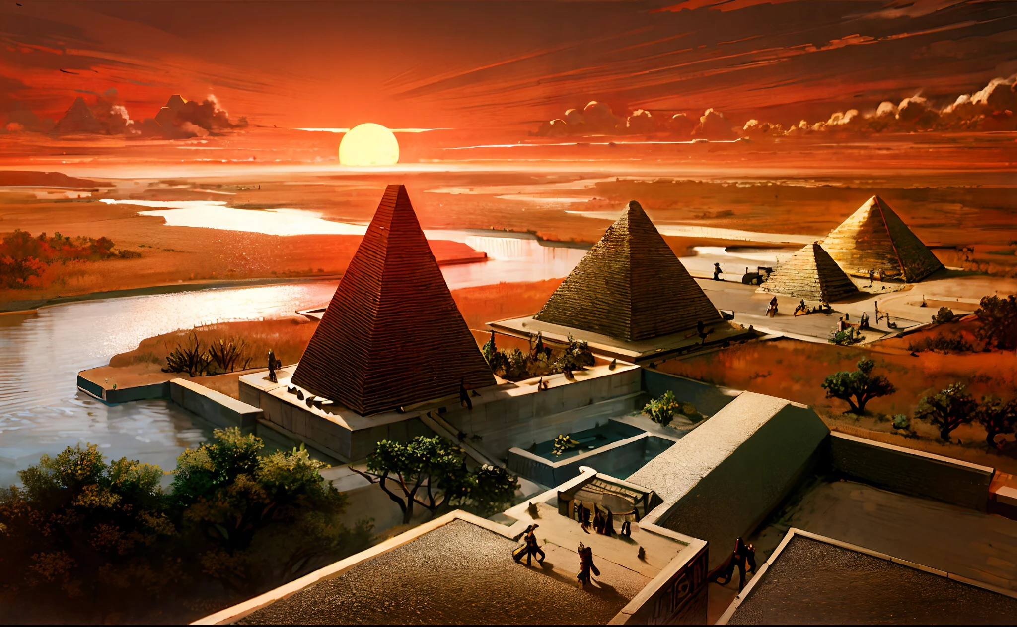 Ancient Egyptian civilization，wide wide shot，Nile River，pyramid，setting sun，The river extends to the horizon，epic sense，Sense of grandeur