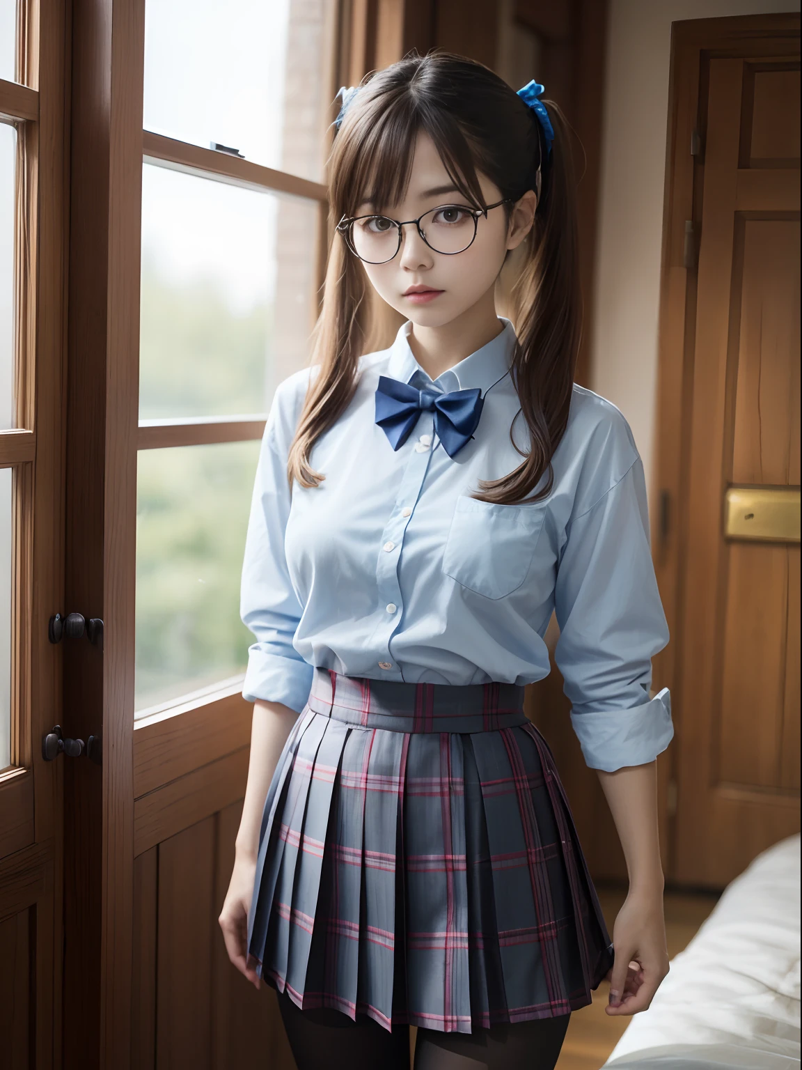 (Tactile hair),(Underwear is visible),(8K、Raw photography、top-quality、masterpiece:1.2),glamor,Chromo-white skin,cocky,School,watching at viewers,Looking at the front,Muchimuchi,Erotic,Pupils,de pele branca,kne,Student Bag((Black pantyhose)),absurderes,a small face,small tits,flat breast,Forehead visible,Bangs hanging from the left and right sides of the forehead,(a cold expression,Tight eyes,glares,Bullish,skinny,Rasping,irate)、masterpiece,top-quality、超A high resolution,Raw photo,ren,Beautiful fece,One Person, 独奏,eye glass,,Dark look,Small breasts,fullllbody,Round glasses,JK school uniform,hi-school girl,A Japanese Lady,is standing,(Photorealsitic:1.37)、Photon mapping,Realistic、Beautie,Cute little face,Brown-eyed、Black socks、(Red bow tie)、Radio City、Physically Based Rendering、depth of fields、Blurry background、a picture,Body,beauty legs, Long legs, Thin leg,(Bangs are visible), hair, s lips, Blue_The eye, nosesoft,(Light blue shirt), (Navy and blue and white plaid pleated skirt), Knees are visible,Sheer clothing,, Thigh, Black cotton socks,Nogizaka Idol, 女優, Japanese ido