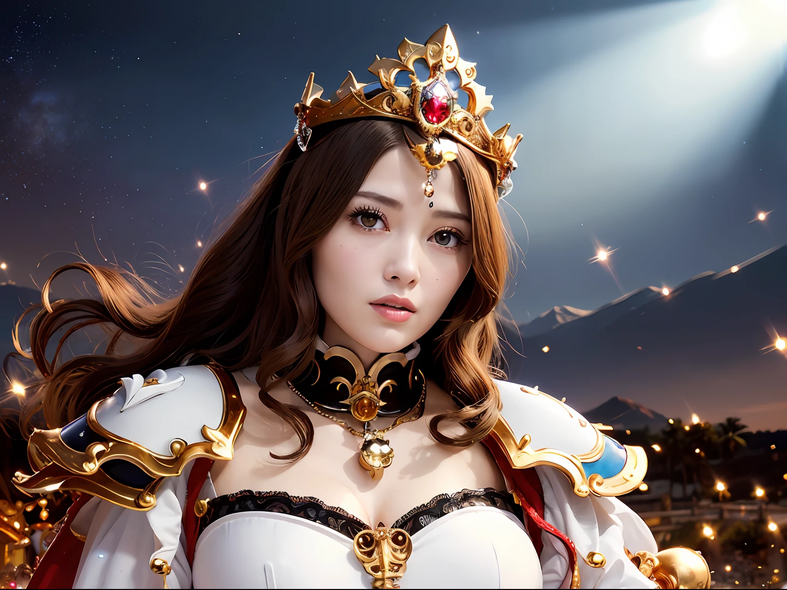 (masutepiece), Professional , ​masterpiece、top-quality、photos realistic , depth of fields （Gemstone Silver Metal Body:1.９),(Matte White、Particles of light、Jewel Gold Weapon、（Gorgeous castle background）、（Jewel Metal Body:1.４),Gorgeous Jewel Metal Weapons , Detailed Sword of the Brave ,（ Soldier background in metal armor）   ,warhammer 40k , adepta sororitas,Detail and ornate jewel crown、独奏、Brown hair、（Gangle's forest background）、Beautiful Caucasian beauty、１a person、dynamic ungle,(((Diamond tiara with detail and luxury)))、a small face、A smile、Powerful poses、（Gorgeous castle background）、huge filesize、20 year old beautiful woman、Stand in the center of the screen、Thin female fingers、Straight long hair、Lightly open your mouth、