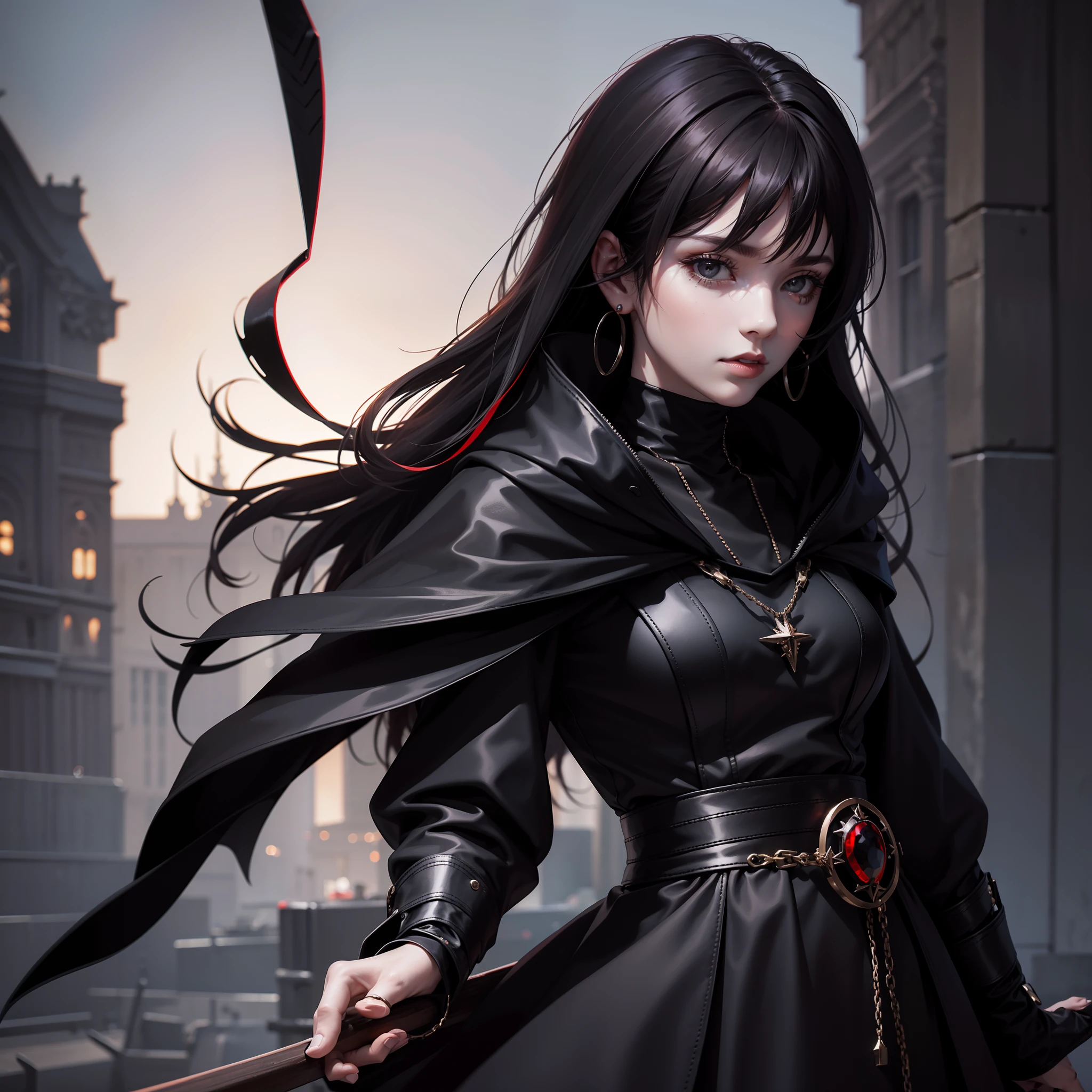 Gothic dark tunic black red hair black leather beautiful earrings cloak hood 4k symbol maga necklace elegant crowd