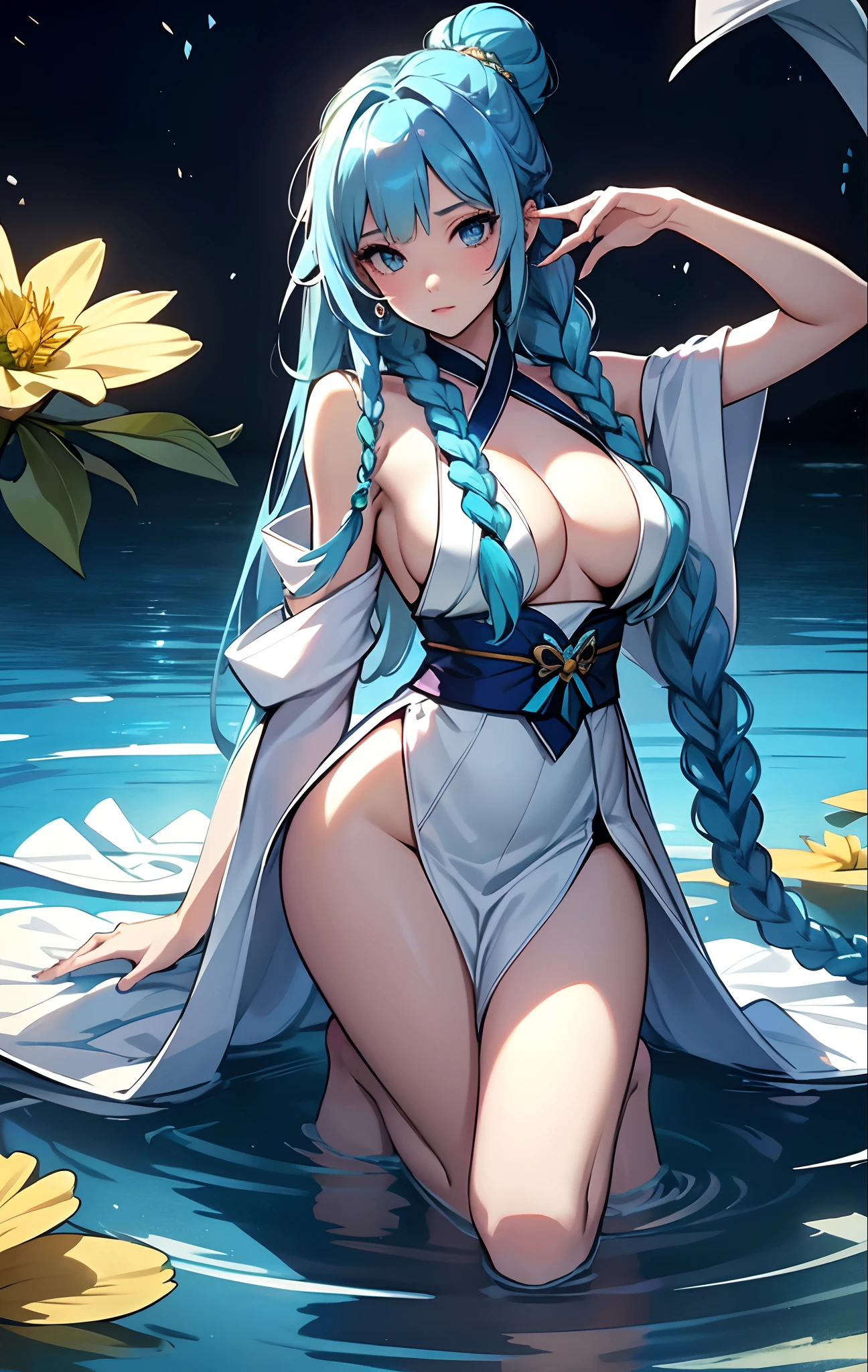 best qualityer,tmasterpiece,Ultimate resolution,downy,Extremely colorful,Colorful,water background,(Lake surface),Dancer,White kimono long dress,huge tit,hair-bun,Fine braids,(Long aqua blue hair),Blue lip gloss,a matural female,(The barefoot),Kneeling pose,daffodil,Normal posture