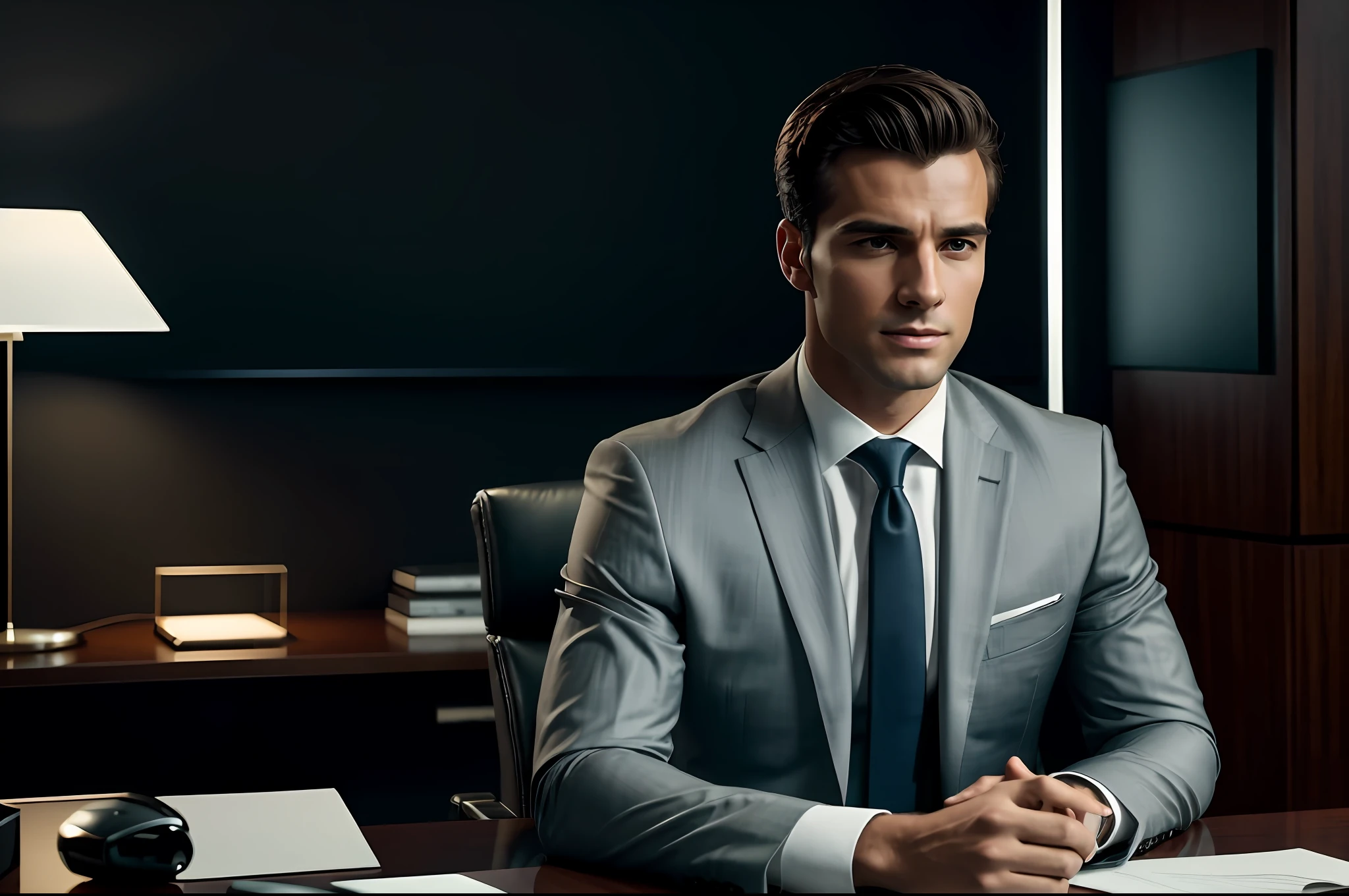 Generate a high-resolution (8k), ultra realism, 4:3 aspect ratio, realistic and photographic image of a handsome young businessman exuding success. The scene should portray him in a luxurious, modern office, elegantly dressed in a sharp suit. The ambiance should capture the essence of success and sophistication