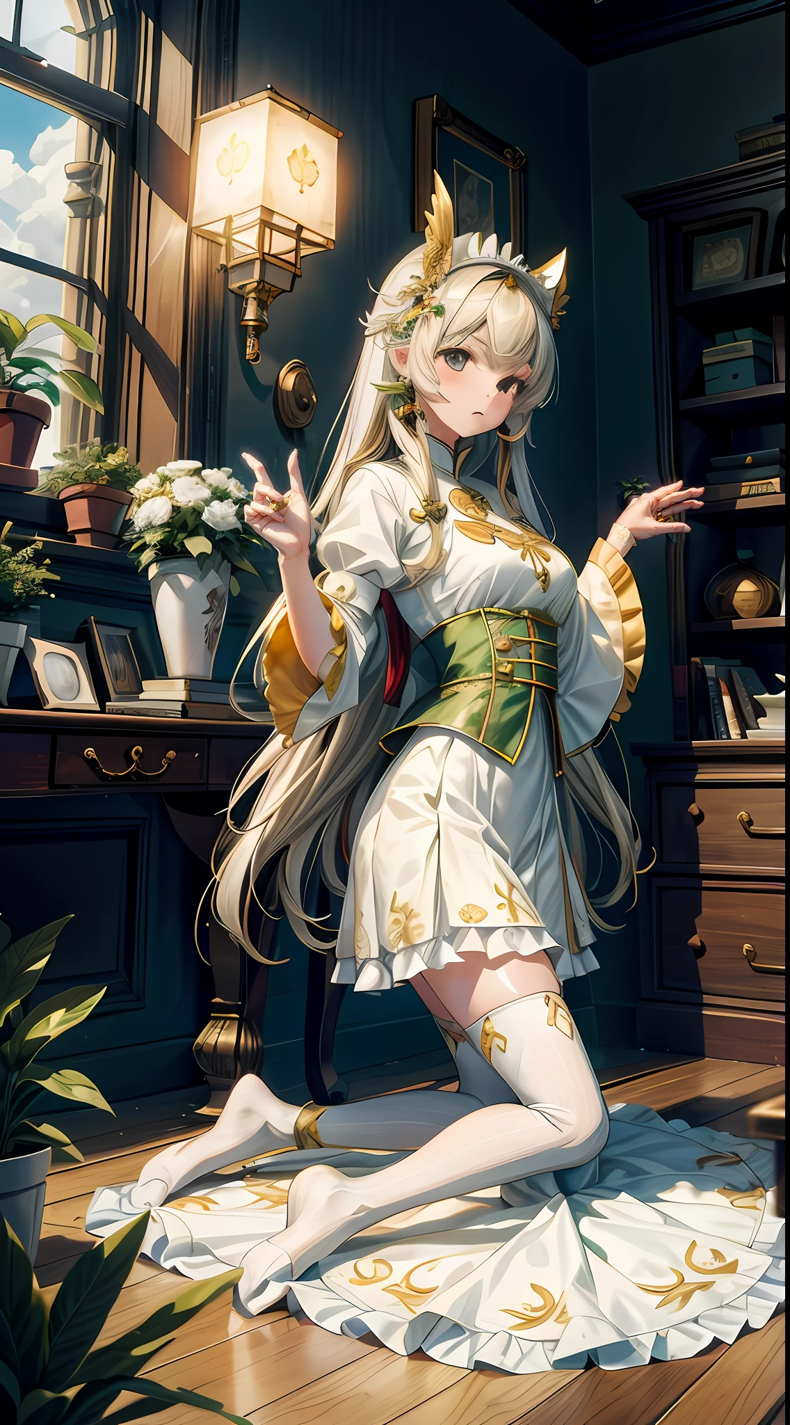 (8K,best qualtiy,tmasterpiece:1.2),(realisticlying,realisticlying:1.2),ultra - detailed,best qualtiy,超高分辨率,profesional lighting,photon maping,physically-based renderingt,the maid outfit,Wallpapers,Ray traching,(janelas:1.8),rays of sunshine:2.0,(There is a gold pattern on the skirt),whaite hair,(White calf socks:1.2)((Kneeling pose))There are potted plants under the window,(White socks transparent texture),beast ear,a white long skirt,There is a little white cat,long hair flowing,There was a lamp by the bed,Big windows,Clothes with green and gold patterns,(golden headdress),(huge tit),Face the camera,Kneeling pose