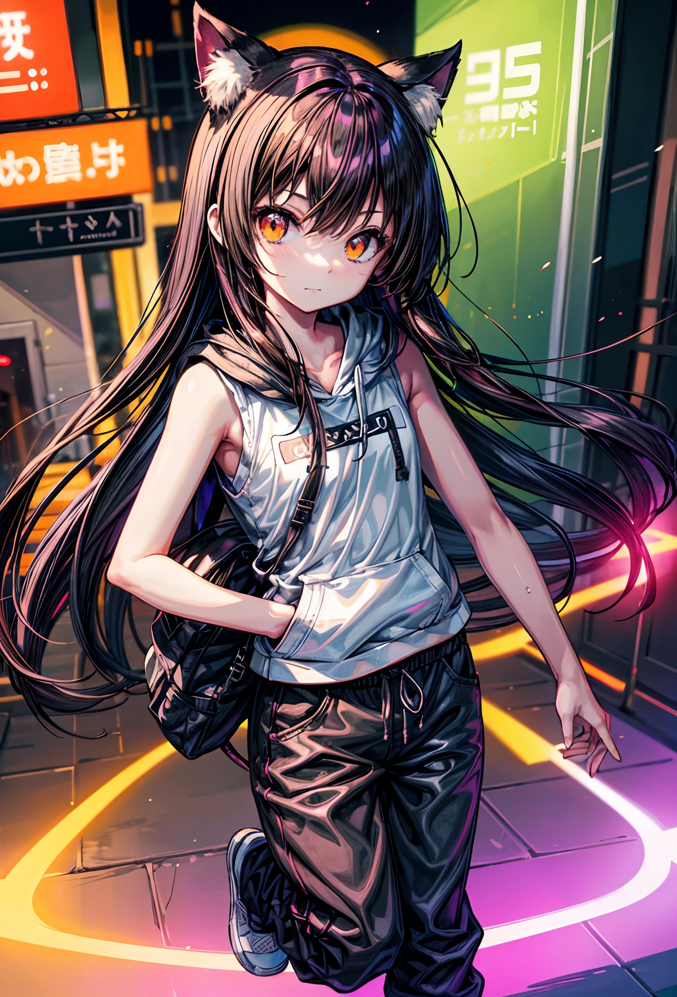 ​masterpiece、Flat background、without background、full body Esbian、is standing、女の子1人、独奏、cute little、Oversized Orange Hoodie、tshirts、7-minute length pants、50mm portrait、Delicate facial features、semi - realistic、foco nítido、The ultra-detailliert、absurderes、depth of fields、neons