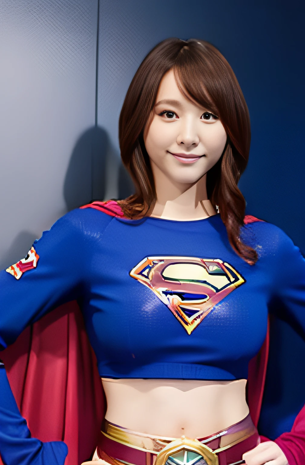 ​masterpiece、Supergirl Cosplay、Ultra mini skirt、Navel out、Hands on the hips、large full breasts、Colossal tits、Looking at the camera、Gloss、Body Conscious