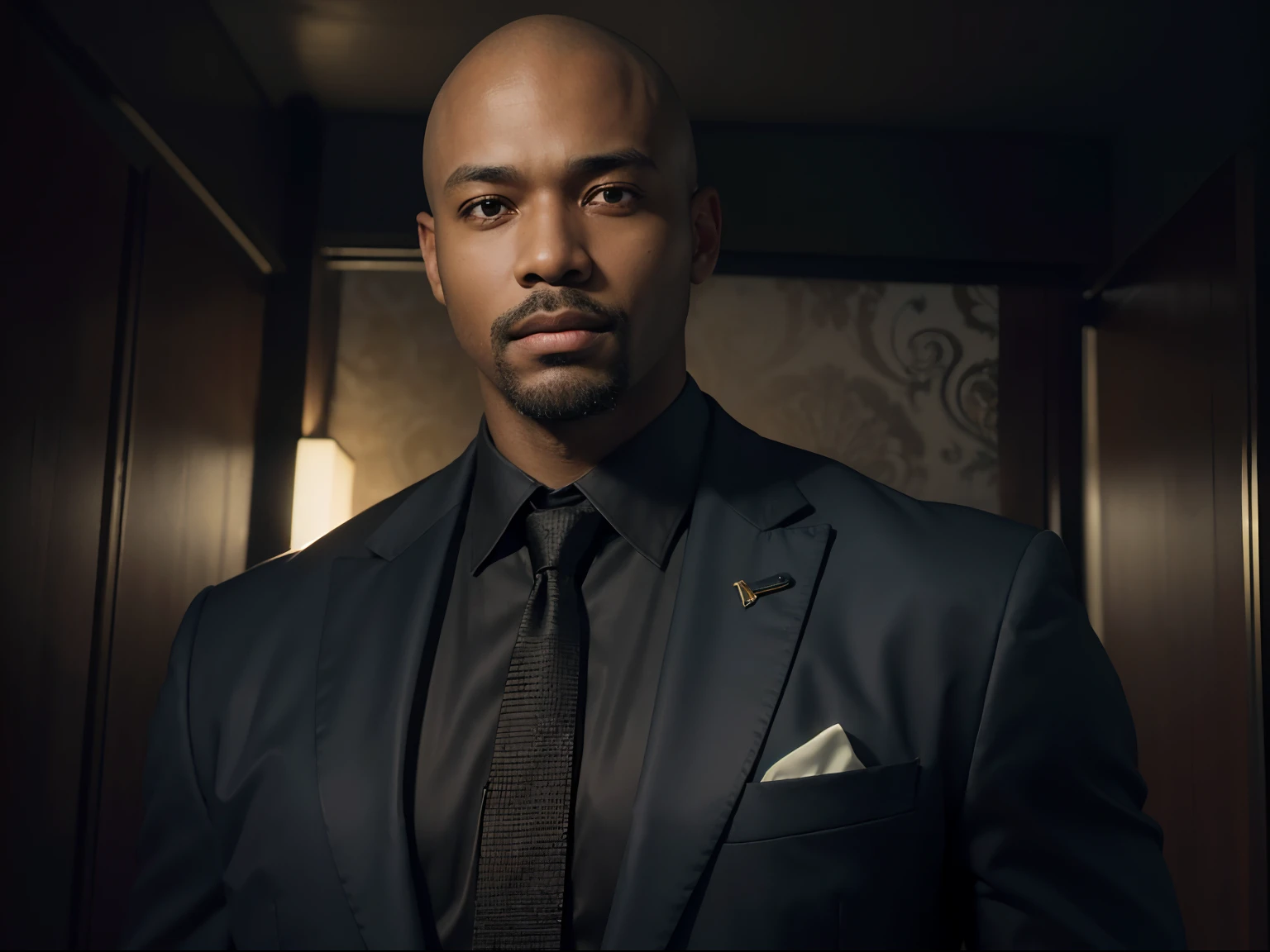 (Ultra Realistic), (Illustration), (High Resolution), (8K), (Very Detailed), (Best Illustration), (mysterious look), (slight smile) (Best Quality), (Ultra Detailed), (Artwork -Prima), (Wallpaper), (male facial expression), (cinematic lighting) bald black man, macho facial expression, mysterious look with slight smile, standing looking at viewer from the front, Pose Viewer facing sideways , news anchor style, wearing casual suit