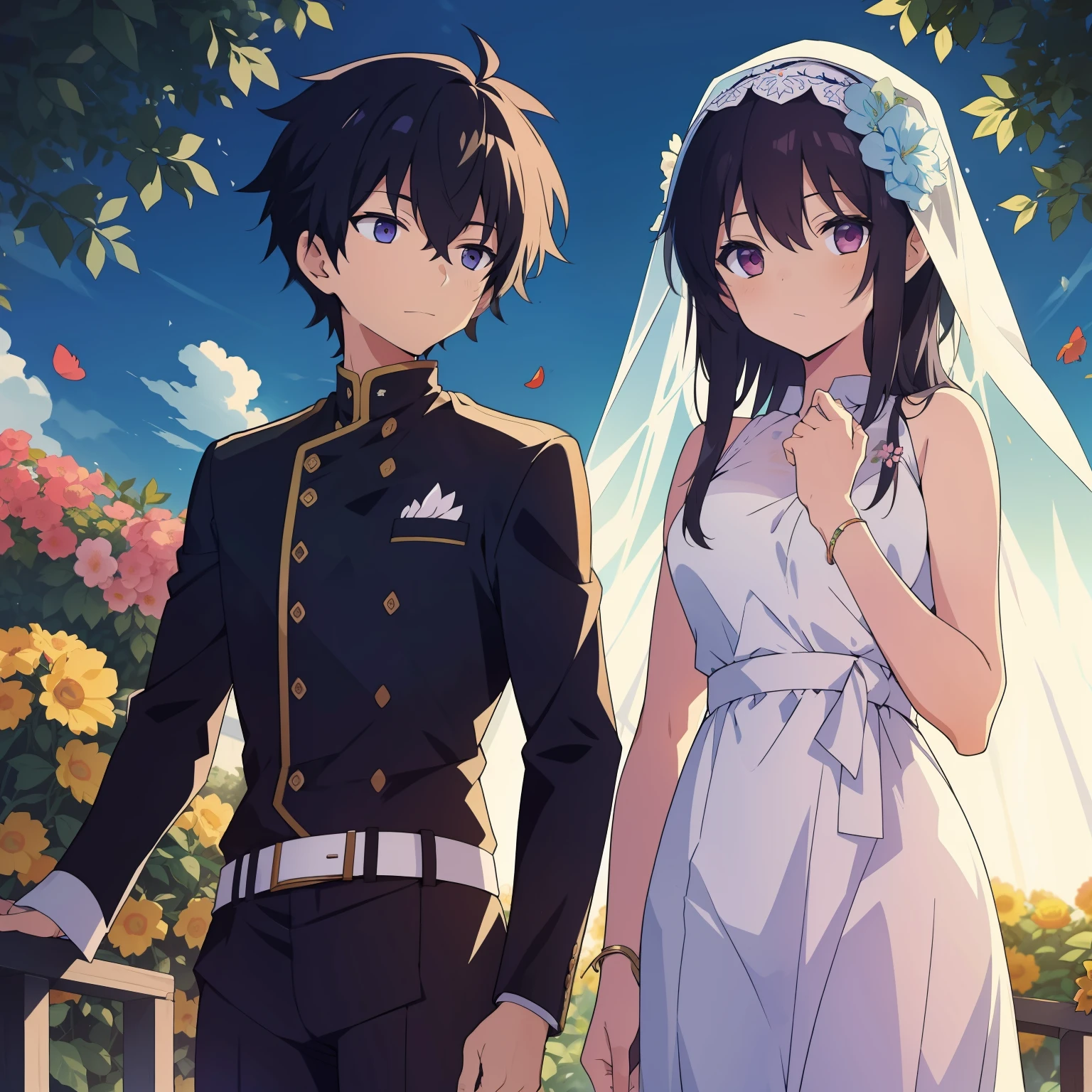 (2 people) (I am escorted by the servant, wearing plain clothes and a veil) (Background: a garden with flowers)