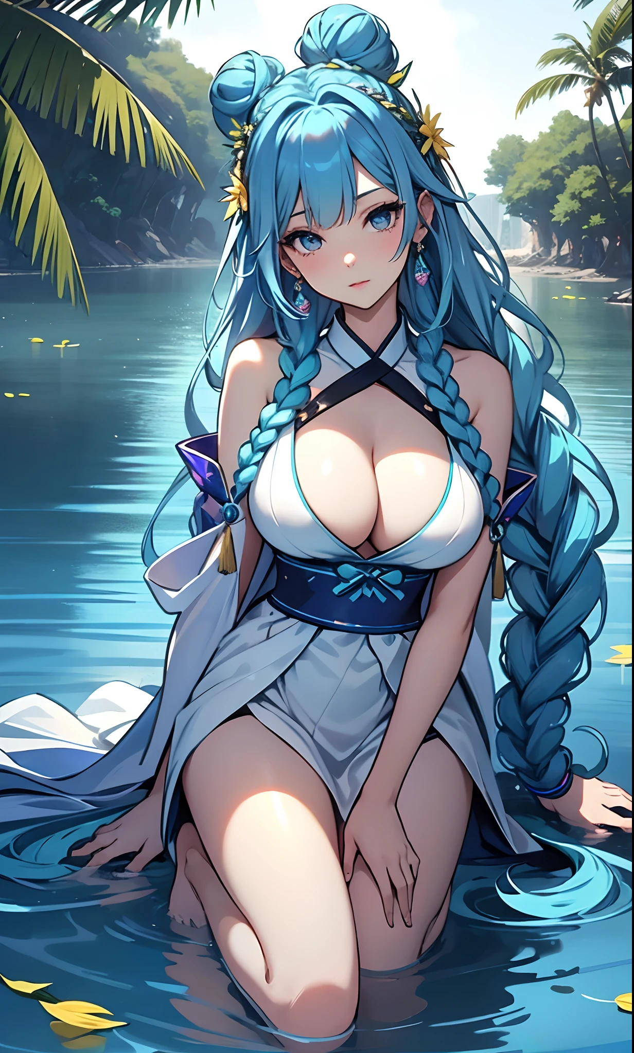 best qualityer,tmasterpiece,Ultimate resolution,downy,Extremely colorful,Colorful,water background,(Lake surface),Dancer,White kimono long dress,huge tit,A big bun,Fine braids,(Long aqua blue hair),Blue lip gloss,a matural female,(The barefoot),Kneeling pose,daffodil,Normal posture