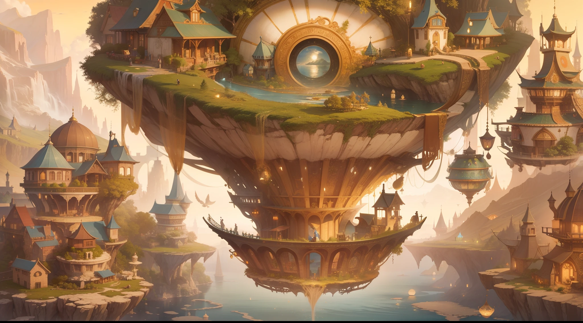ultra-nitidez, ultra detalhado, "Transport viewers to an extravagant and fantastical world where floating islands reside inside a cup of tea through a charming and intricately detailed piece of fantasy art. Retratar paisagens exuberantes, aldeias pitorescas, and mythical creatures adrift within the confines of the cup. Use a professional-grade camera with a macro lens to capture intricate detail, Aumentando o apelo do mundo em miniatura. Set the resolution to 8K, permitindo que os espectadores explorem todos os elementos extravagantes. Employ soft and diffuse lighting, emphasizing the charming atmosphere and enhancing the dreamlike quality. As cores vibrantes da imagem, detalhes intrincados, and the cinematic quality should evoke a sense of childlike wonder, inviting viewers to embark on a journey of imagination within the confines of a cup of tea." "